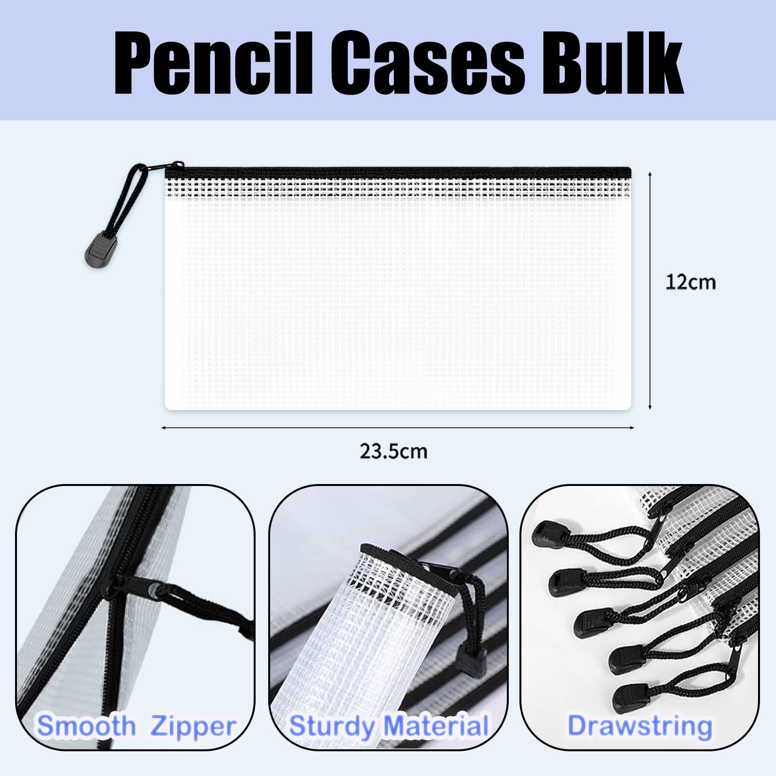 Clear Pencil Case Zipper File Bags, 30PCS Mesh Pencil Pouch Plastic Zip Wallets Folders Waterproof Travel Storage Pouch for Exams, Bills, Cosmetics, School Supplies and Travel Accessories, Black - Image 2