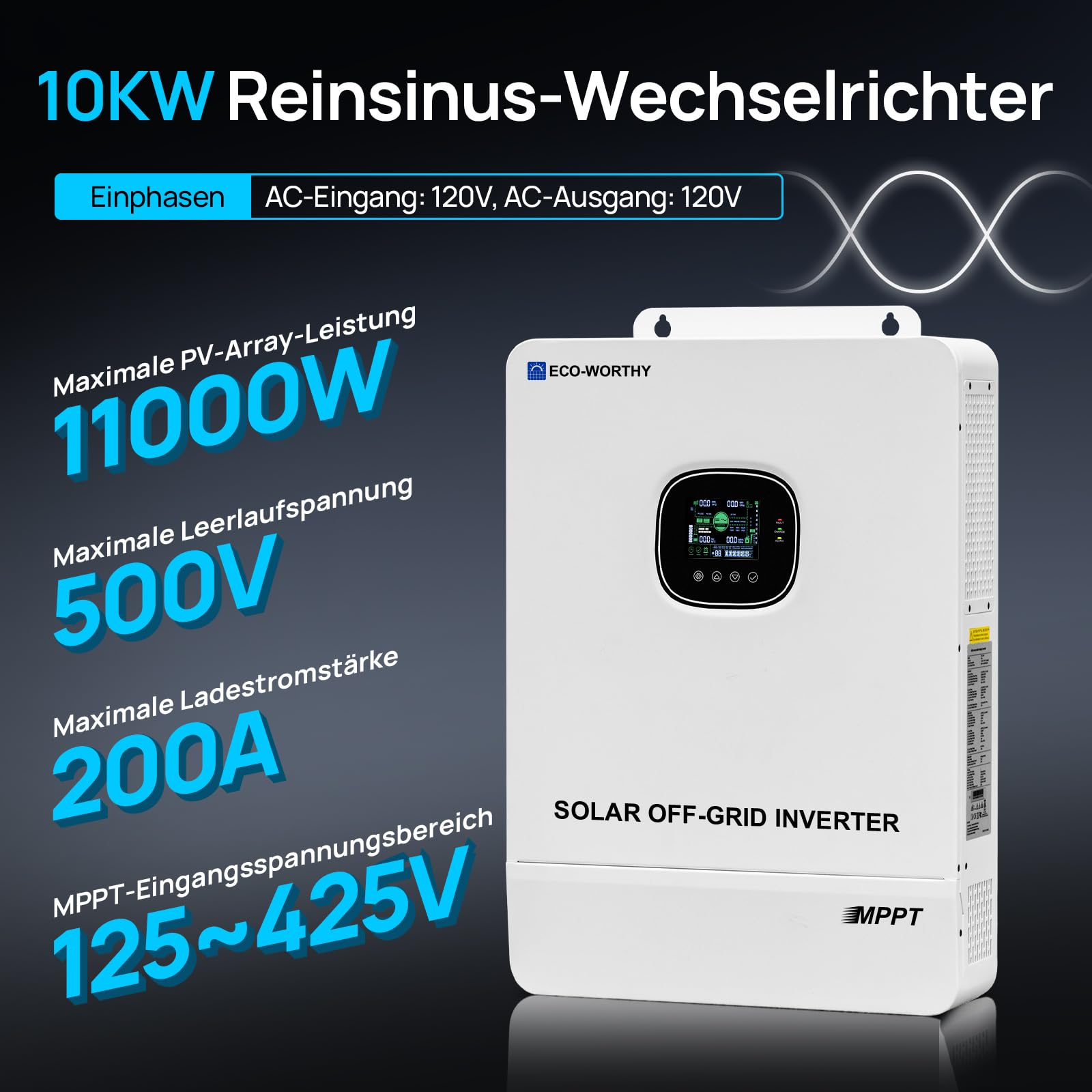 ECO-WORTHY10000W Hybrid Wechselrichter 48V DC auf 220V/230V AC 10kW Reine Sinus Welle Solar Wechselrichter mit MPPT Laderegler für Solarpanel,Solaranlage Komplettset