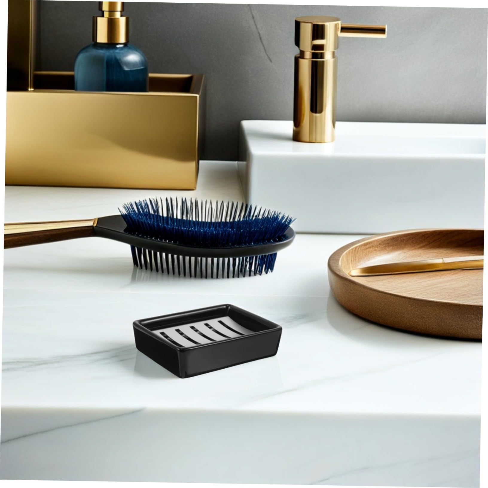 Jabonera de Baño Rectangular de Doble Capa Drenaje, de Cerámica y Acero Inoxidable para Jabón, Diseño Elegante y Autocontenida