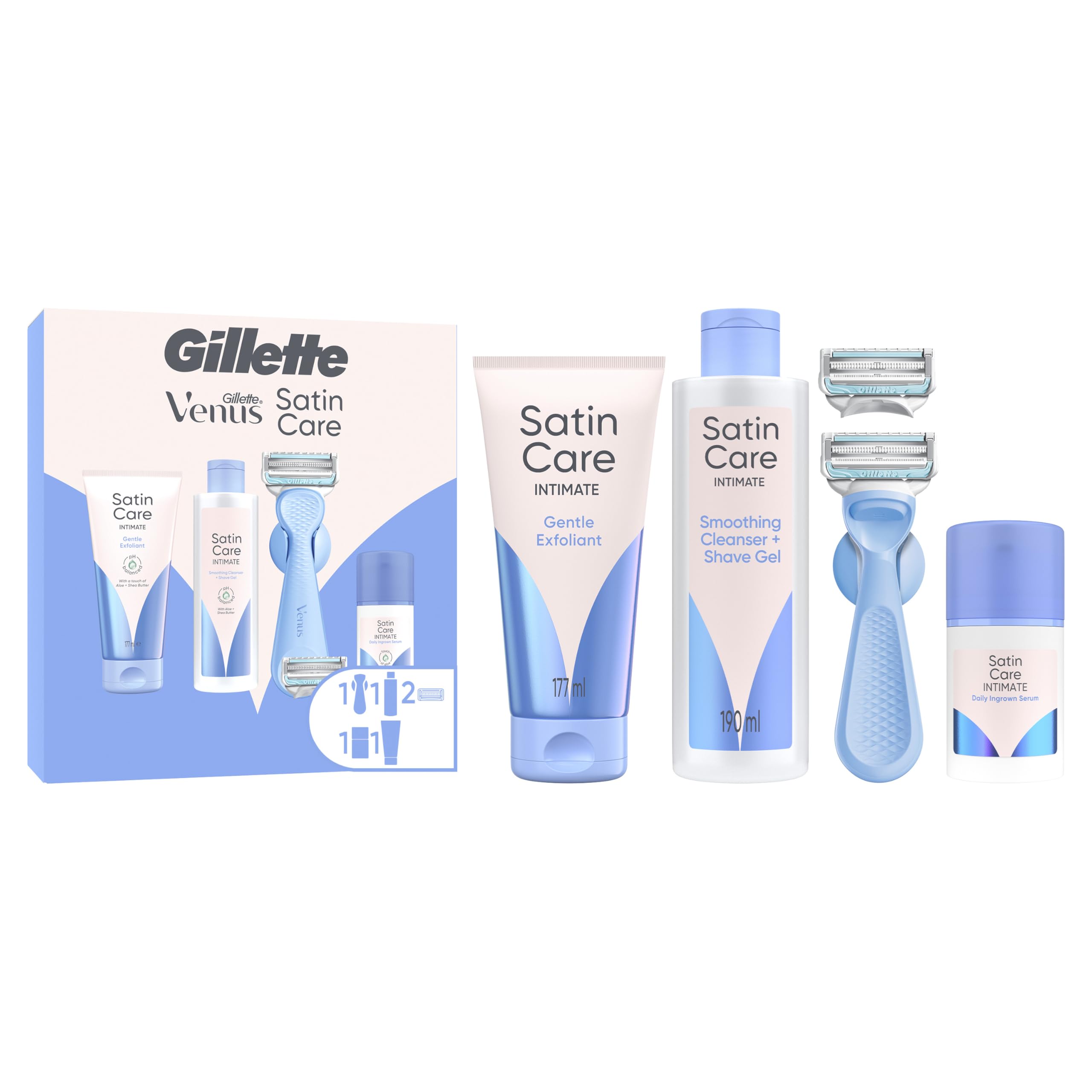 Gillette Venus für den Intimbereich Rasierapparat mit 2 Klingen + Satin Care Intimpflege Produkte + Duschhänger