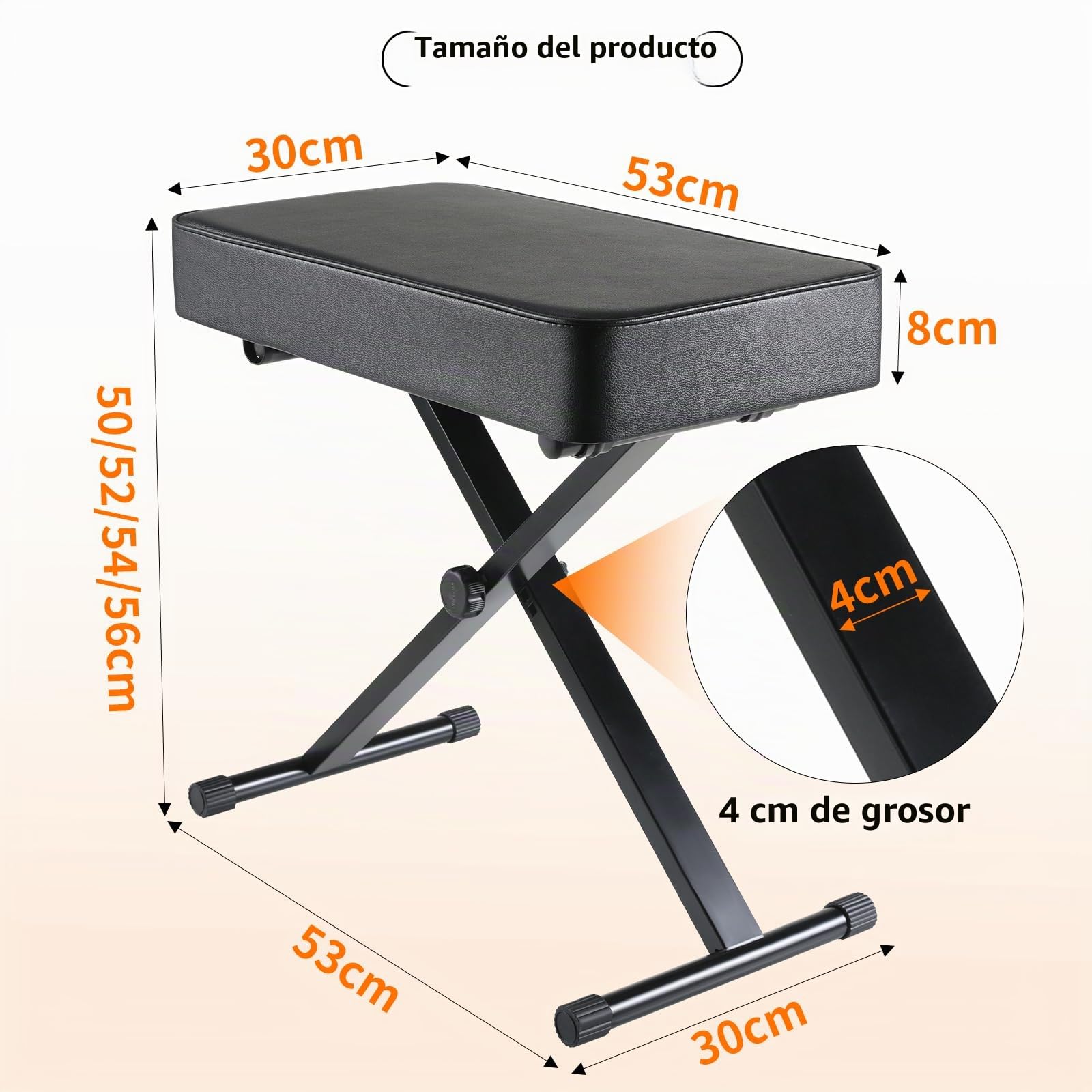 Banqueta Piano Regulable en Altura 50-52-54-56CM, Taburete Piano con Cojín de PU de 8CM, Banco Piano Plegable, Banqueta de Piano en Forma de X, Banco de Teclado con Capacidad de Carga de 100KG, Negro
