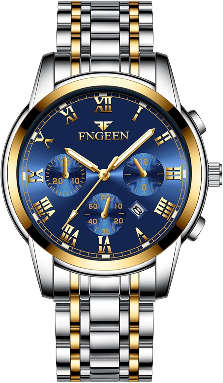 Womens Watches Mens Watches Stainless Steel Calendar 3ATM Waterproof Three Eyes Multifunction Analogue Quartz Wrist Watch with Luminous Hands Stainless Steel Bracelet Watch Gifts for