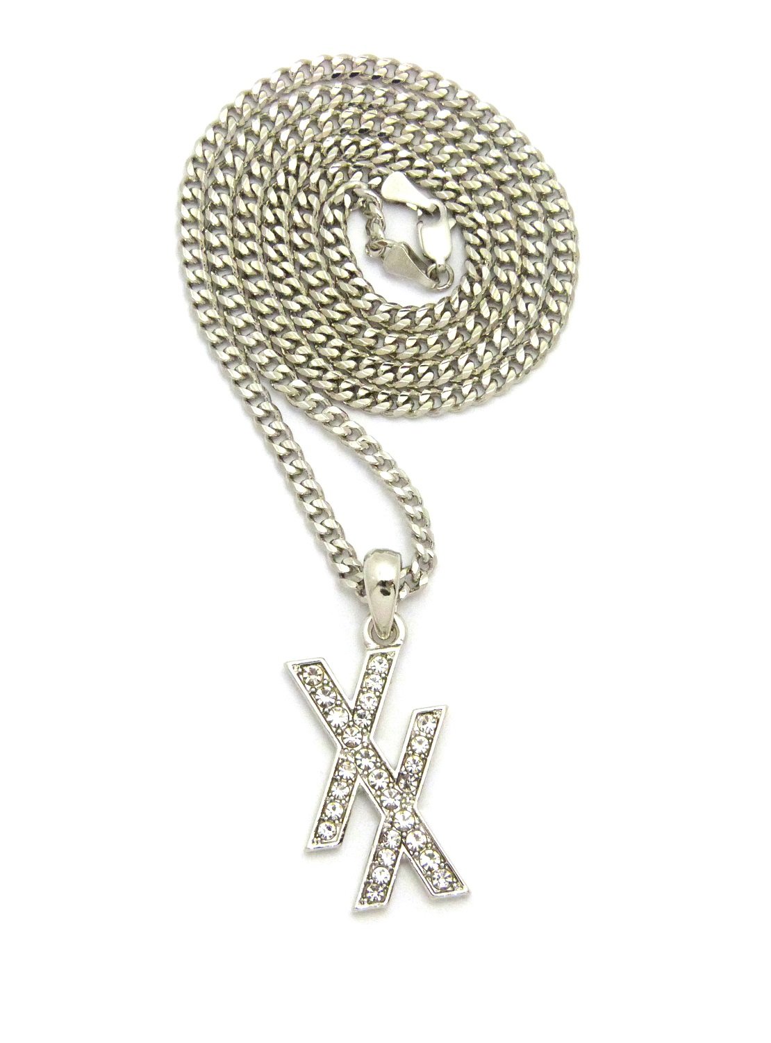 NYFASHION101 Stone Stud Double X Pendant w/ 3mm 24" Cuban Chain Necklace