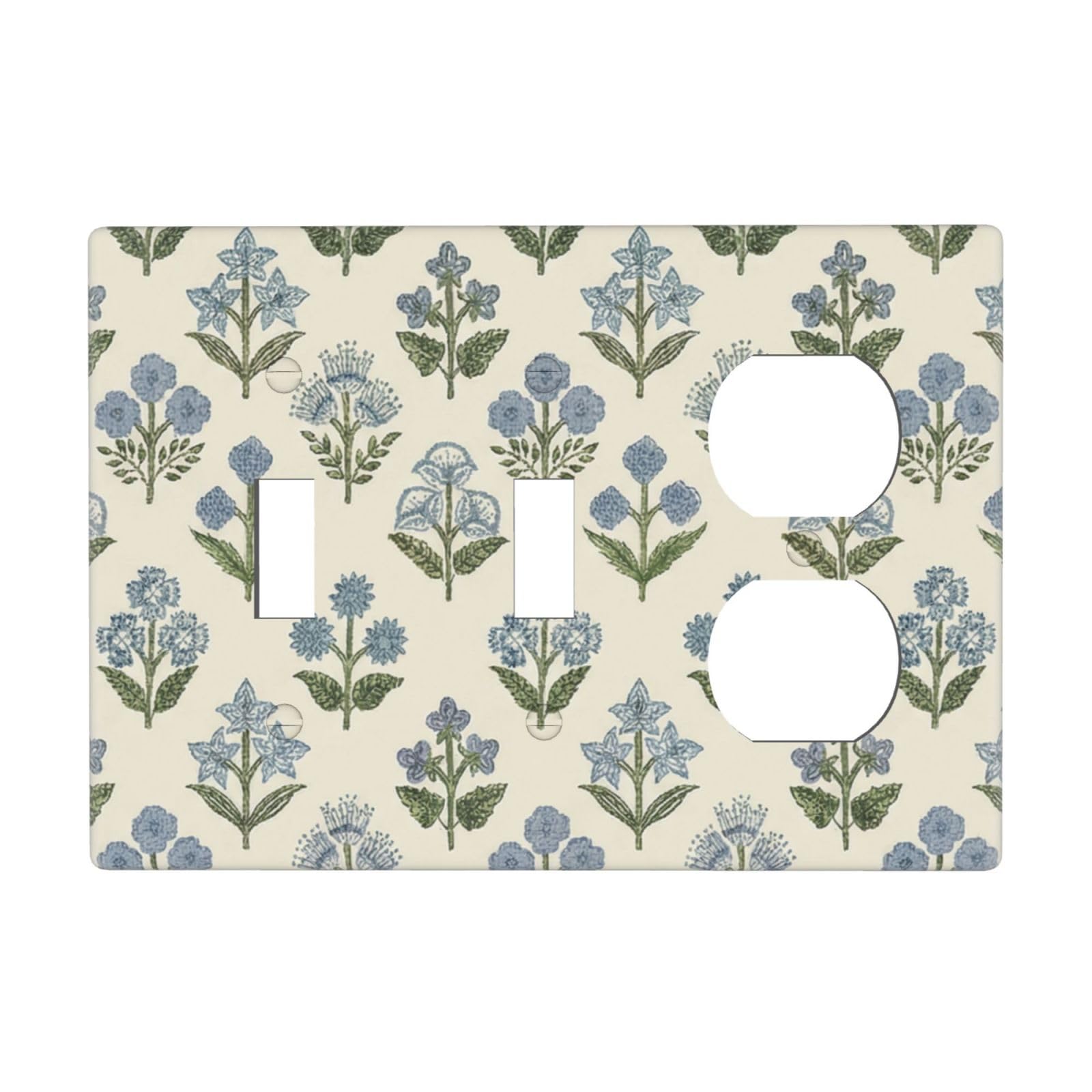 Beige Vintage Blue Floral Boho Flower 3 Gang Combination 2 Toggle 1 Duplex Receptacle Outlet Covers Light Switch Cover Combo Wallplate Decorative Faceplate
