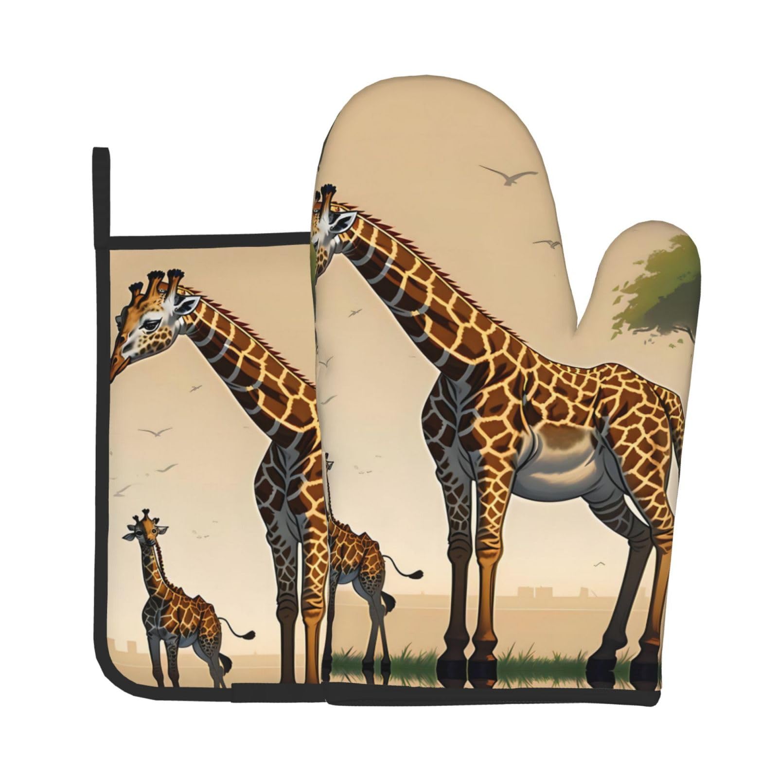 Oven Mitts and Potholders Set of 2 for Kitchen Baking Cooking GrayMother and Child Giraffe Thick and Durable
