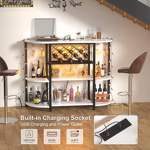 Vista 33 de Unikito Mesa de estante para vino con enchufe y luz LED, gabinete de barra de piso para licor y vasos, mesa de bar de café de madera con estante