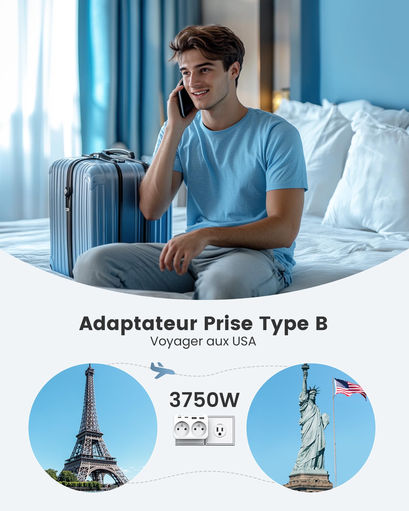 LENCENT Adaptateur de Voyage Type B - 6 en 1 vers USA/Canada/Mexique/Thaïlande - Prise Française avec 2 Prises AC et 2 Ports USB-A，2 Ports USB-C -pour appareils français aux États-Unis