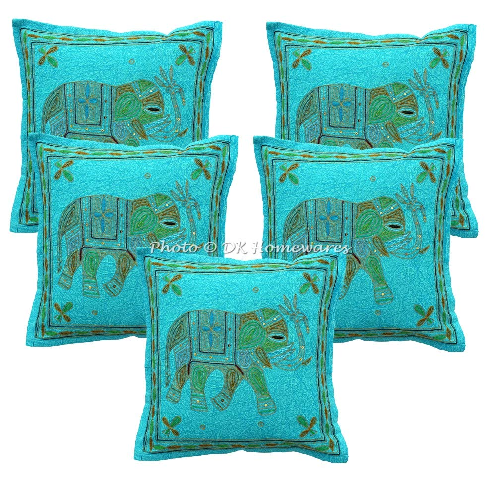 Tradizionale 16 X 16 Home Decor Ricamo Turchese Fodera per Cuscino Oro Hilo Ricamato Cotone Cuadrado Federe (40X40 Cm ; Turchese) -Set di 5 Pezzi