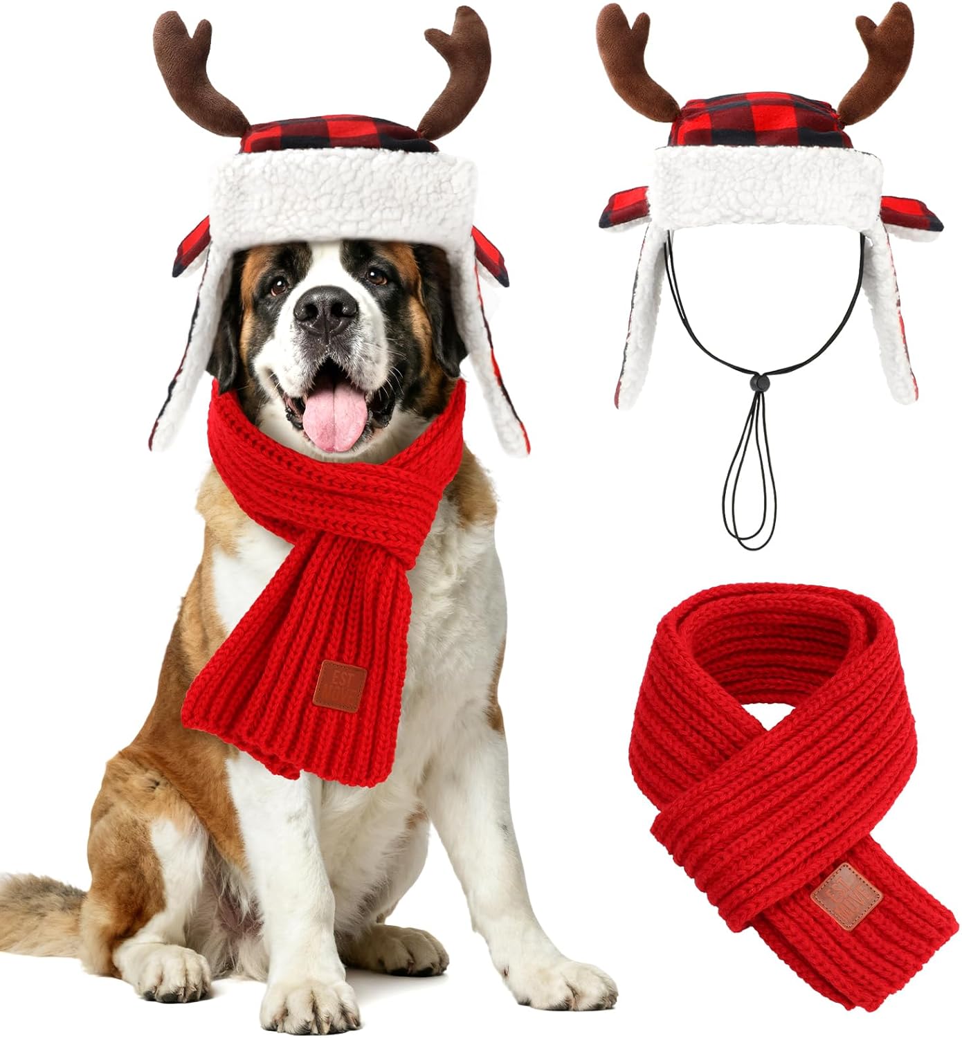 Gorro y bufanda navideños para perro, talla grande, ajustable