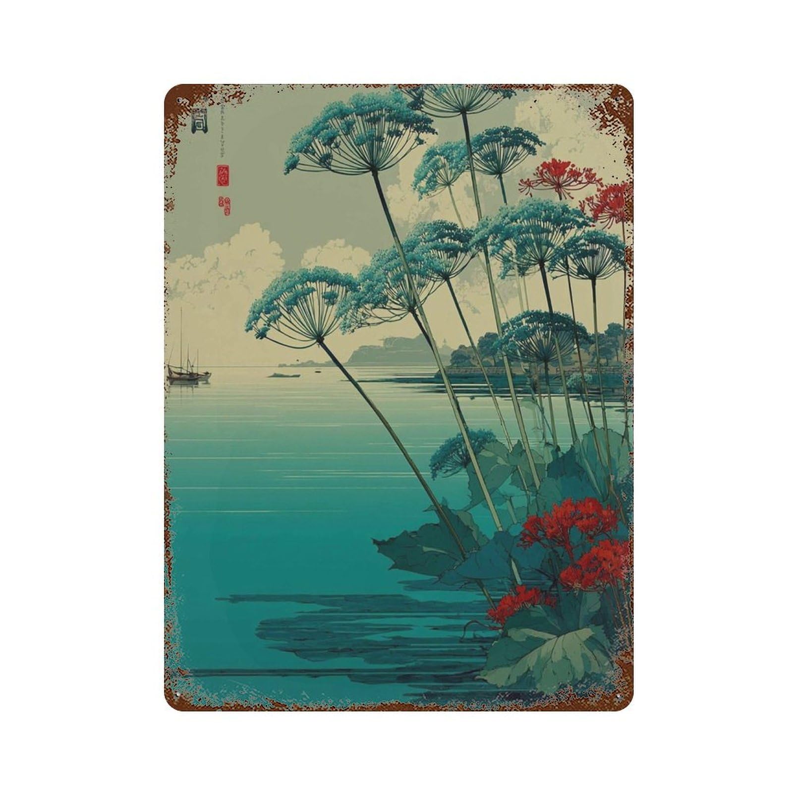 xiaoxiaoshen Japanese Coastal Landscape – Serene Sea with Wildflowers Boat & Horizon Asia Wall Decor Art Metal Tin Poster Modern Home Decor Art Home Bar Shop Decorations Vintage Sign 40x30cm