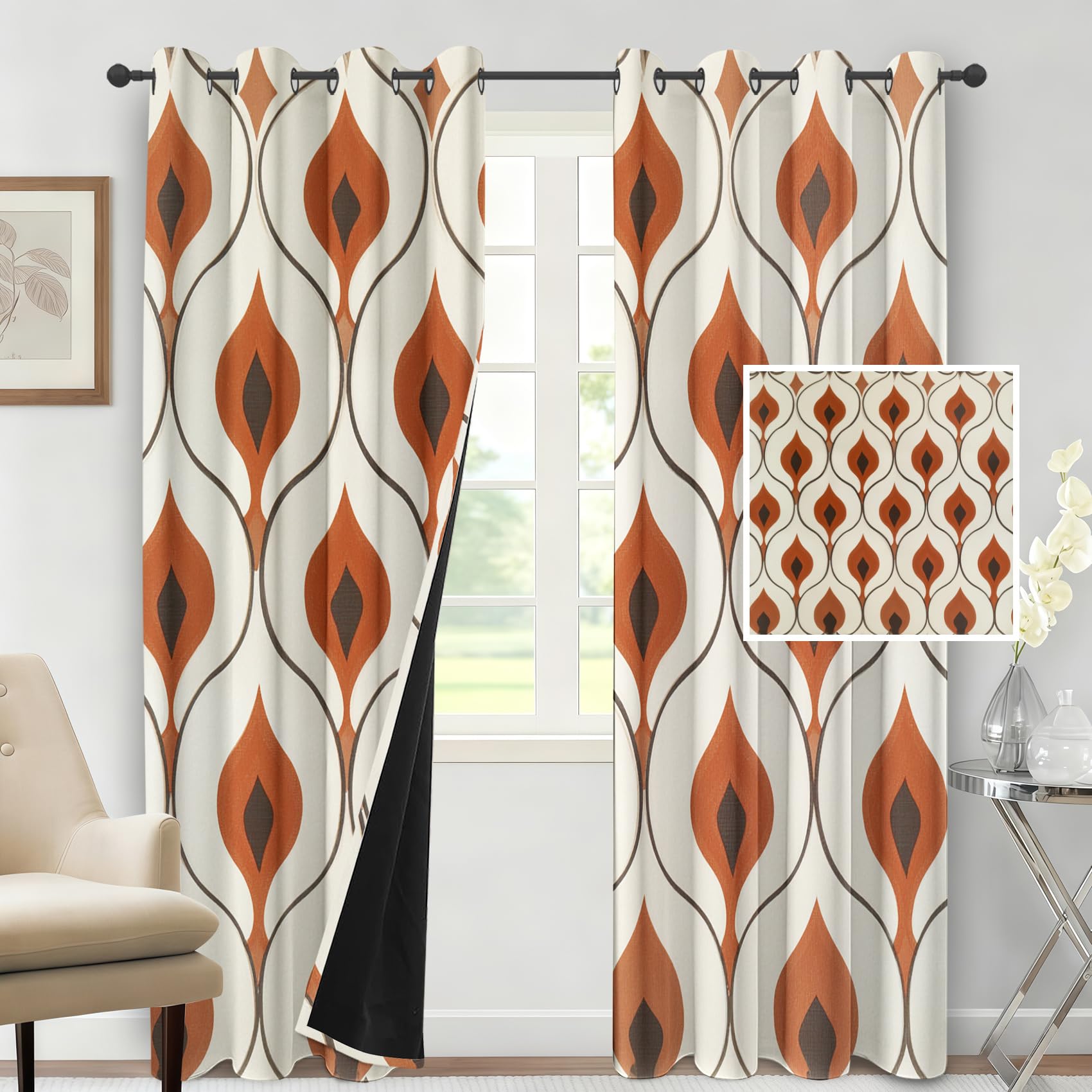 Géométrique Rideaux, Milieu du Siècle Motif Rideau Occultant | pour Salon et Chambre, Rideau Opaque à Oeillets, Isolant Thermique Lot de 2 Rideaux et Draperies Intérieur 117L X 229H cm