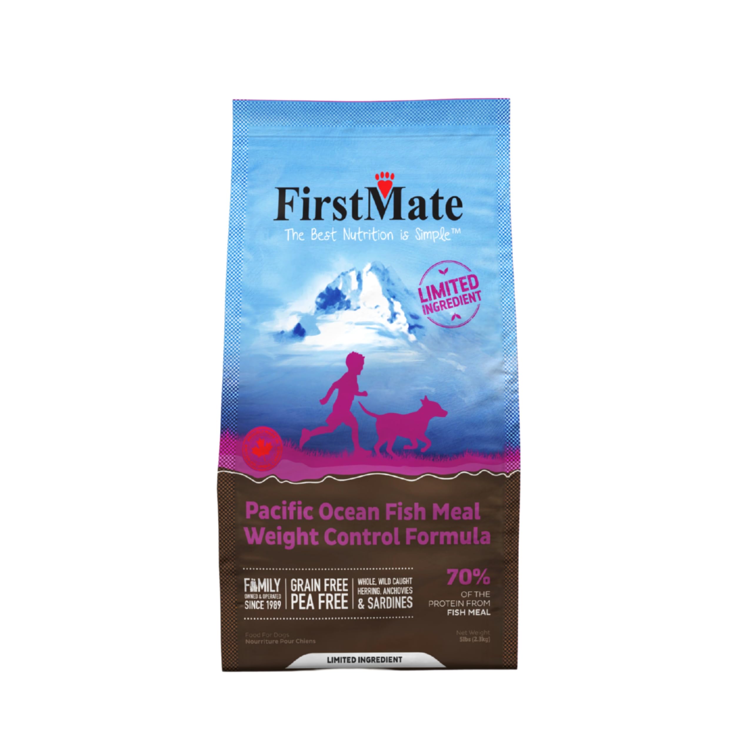 FirstMate Pet Foods - Alimento seco para perros – Ingrediente limitado Fórmula de control de peso de harina de pescado del Océano Pacífico – Receta única sin cereales baja en grasa para perros con
