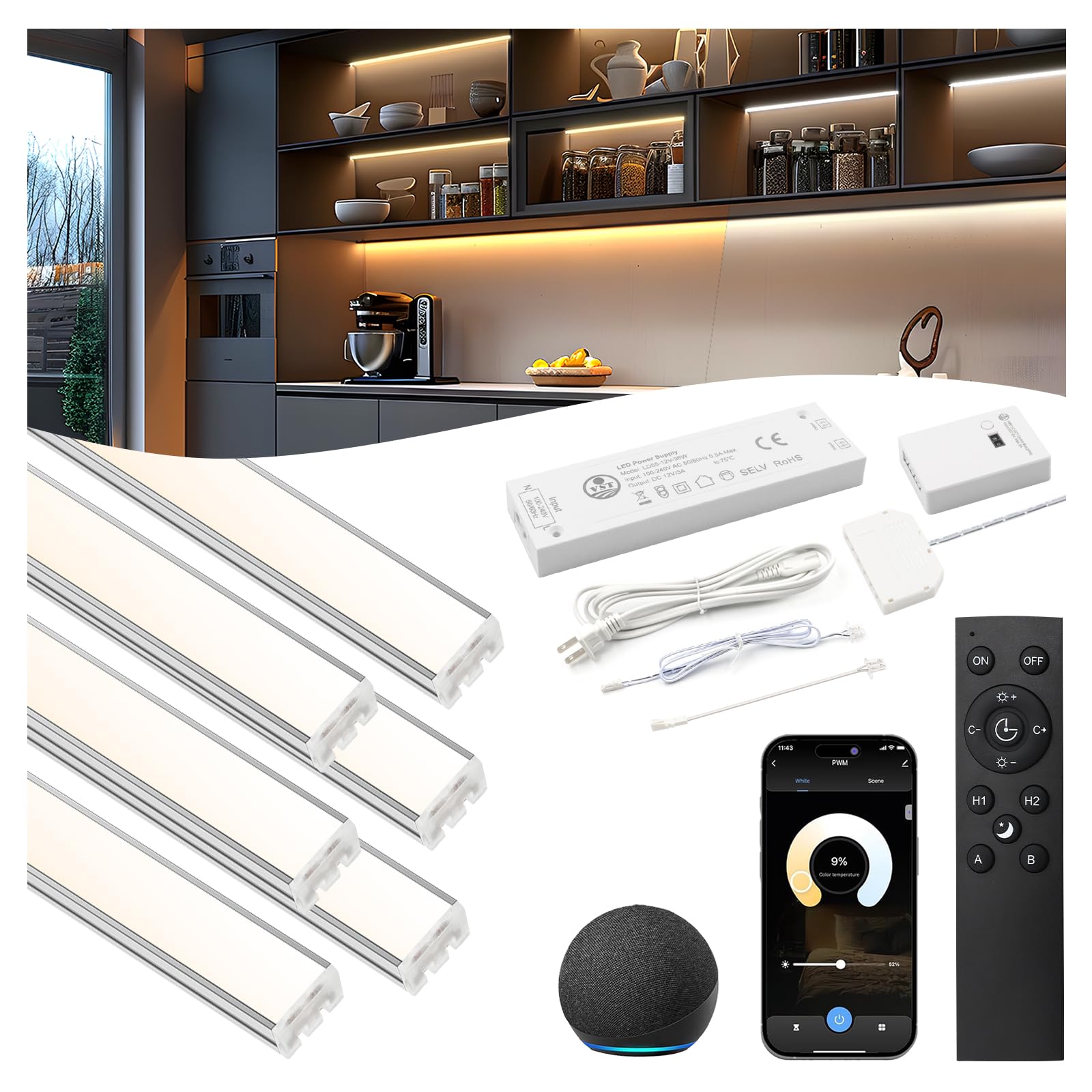 VST Smart Under Cabinet Lighting 6 Bars - UL Listed CRI 93+ Adjustable COB Strip Lights, Alexa & Google Home Compatible, App/Voice/Hand Wave Control