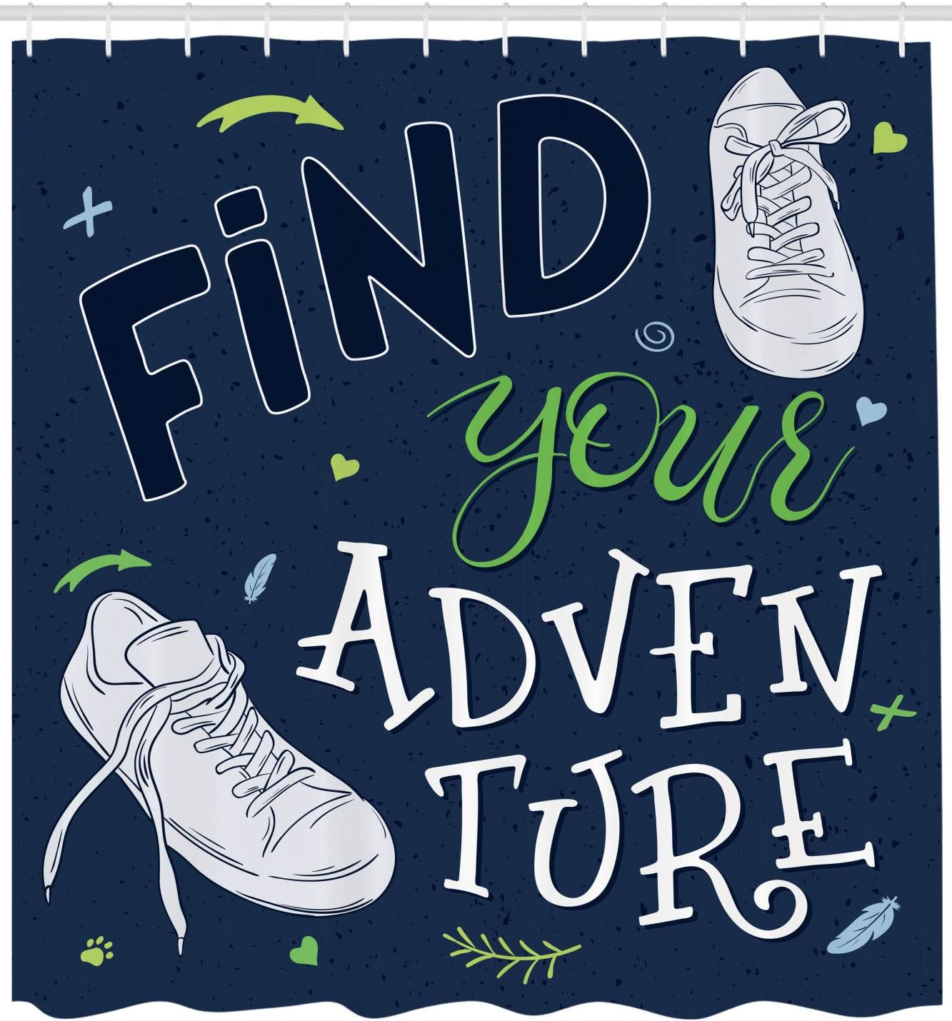 Ambesonne Adventure Shower Curtain, Youthful Design Find Your Adventure Words Forest Elements and Sneakers, Cloth Fabric Bathroom Decor Set with Hooks, 69" W x 84" L, Dark Blue Black Green