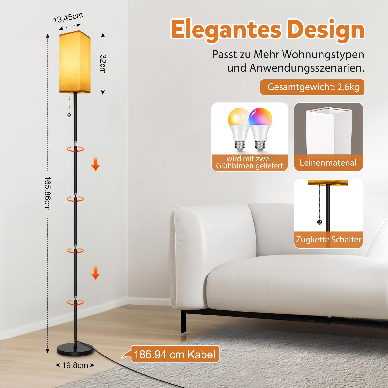 RGBCW WIFI Stehlampe Wohnzimmer,9W E27 Smart LED Stehlampe,2700K-6500K Dimmbar stehlampe,Stehleuchte mit APP,Arbeiten Sie mit Alexa & Google Assistant,DIY-Modus,Musikmodus & Timing-Funktion