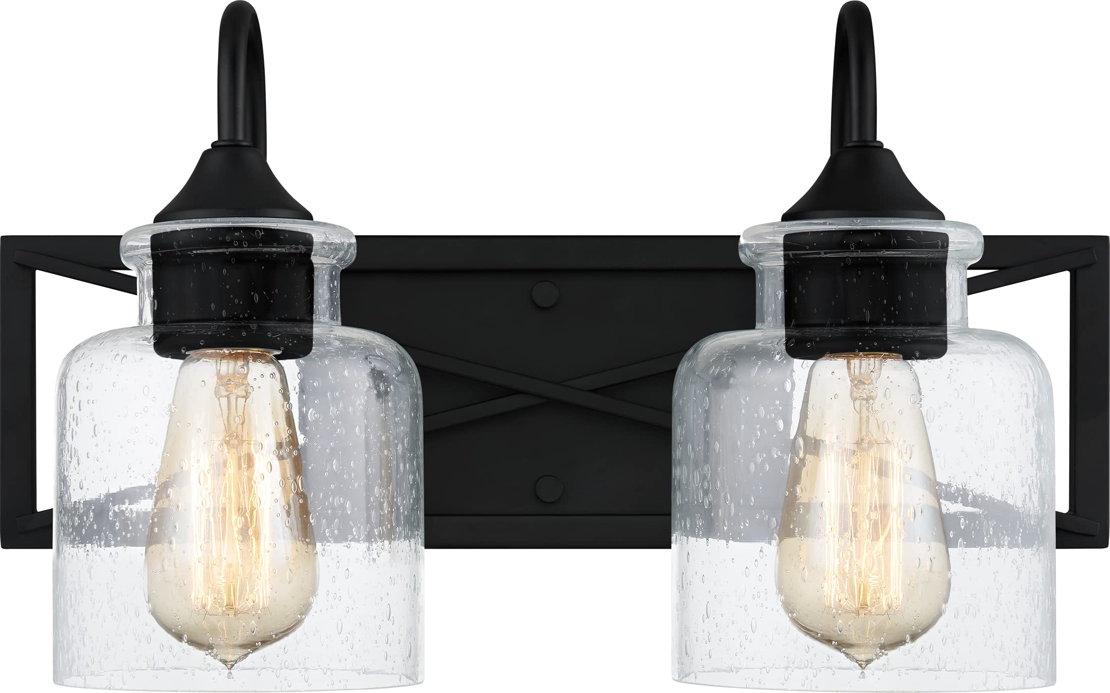 QuoizelBartley Vanity Lights, 16 Inch 2-Light Matte Black Bathroom Lighting Fixtures Over Mirror, Clear Seedy Glass, 100W, Transitional Modern Wall Mount Light for Bathrooms, Dresser or Sink