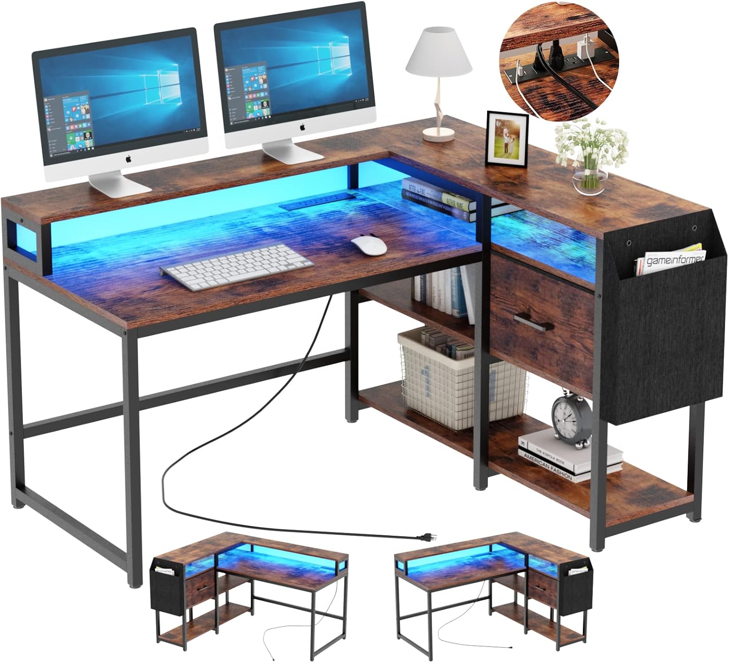 Loomie L Shaped Computer Desk with LED Strip & Power Strip, 55"Wx41"D Reversible Corner Desk with Drawer & Monitor Stand, Home Office Gaming Desk with 4 Tier Storage Shelves & Bag, Study Table, Rustic : Home & Kitchen
