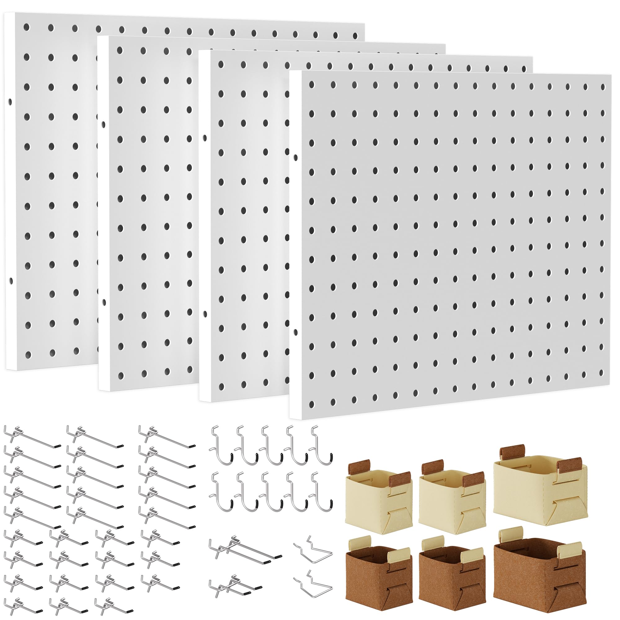 Spampur Peg Board, 4 Pack Metal PegBoard Organizer with Accessories, White Pegboard Panels with 50 Pcs Hooks and Baskets, Wall Organizer for Office,