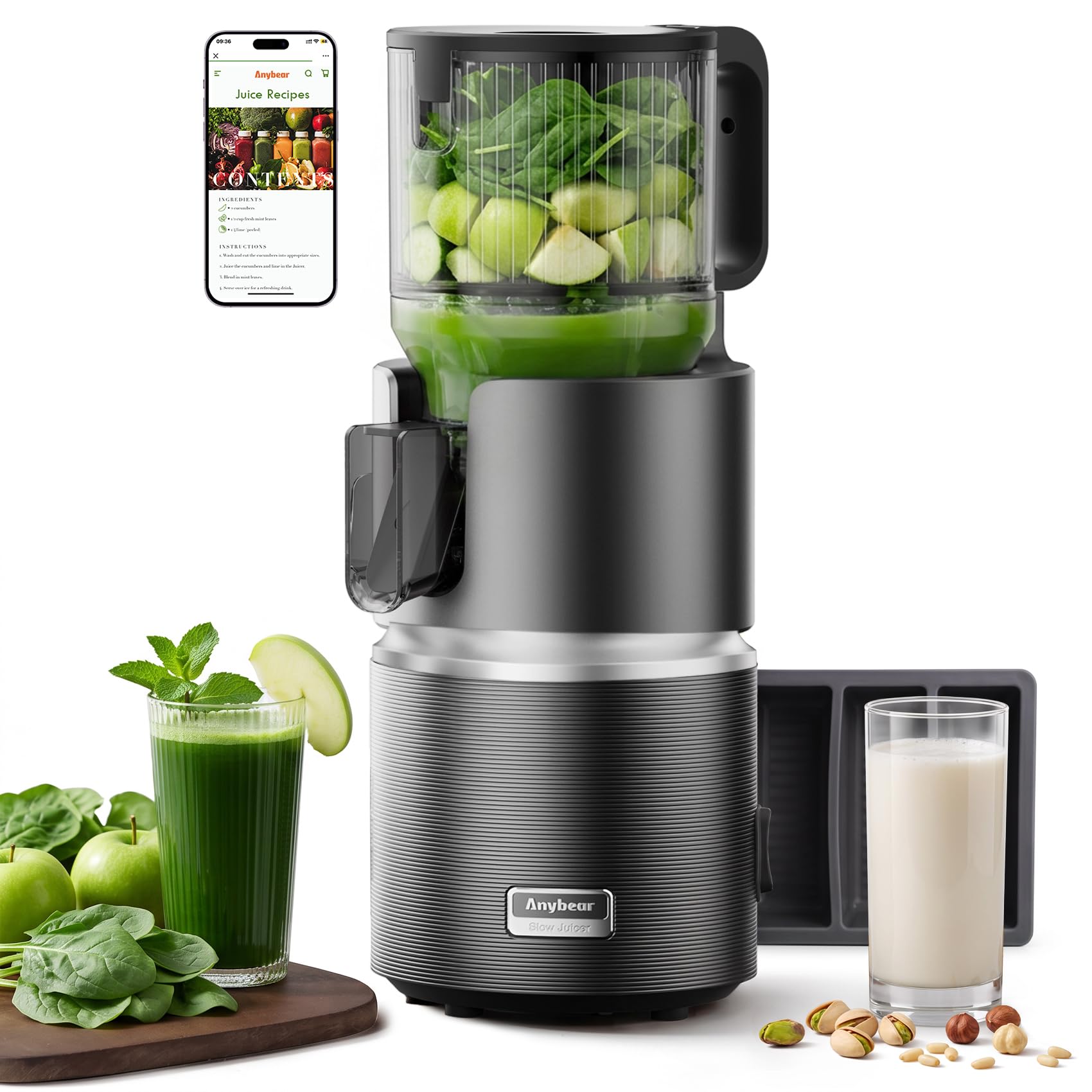 Anybear 350W Entsafter für Saft, Sorbet & Nussmilch + Rezeptbuch | 124mm Einfüllstutzen, Dual Slow-Squeeze, Hochmomentmotor, BPA-frei, 3-Step-Clean, 5 J. Garantie + Rezeptbuch.