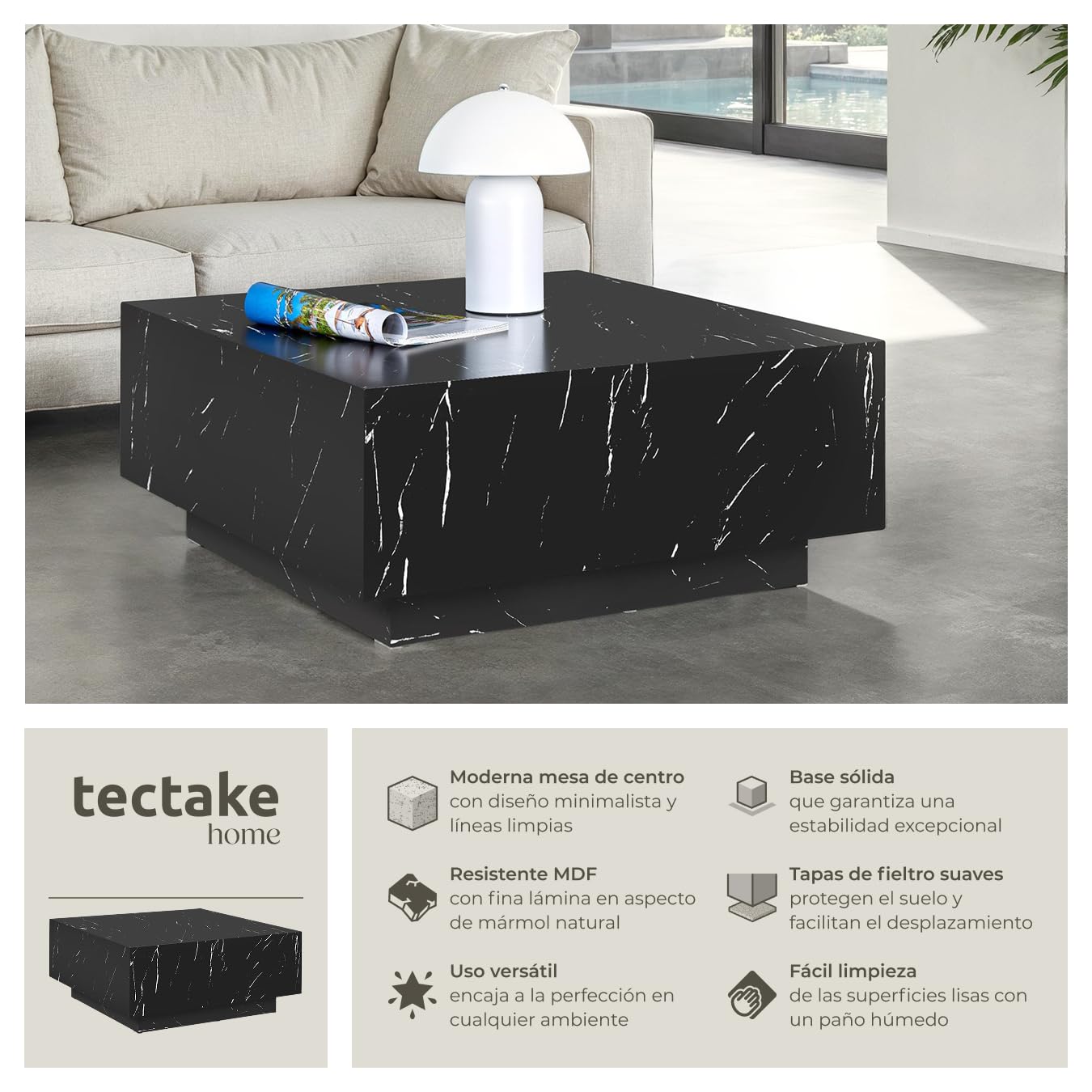 tectake® Mesa de Centro con Diseño Minimalista, Mesa Auxiliar Salon para Mueble Salon Moderno, Mesas Auxiliares, Mueble Comedor, Mesitas de Noche - 80 x 80 x 35 cm Aspecto Mármol Negro
