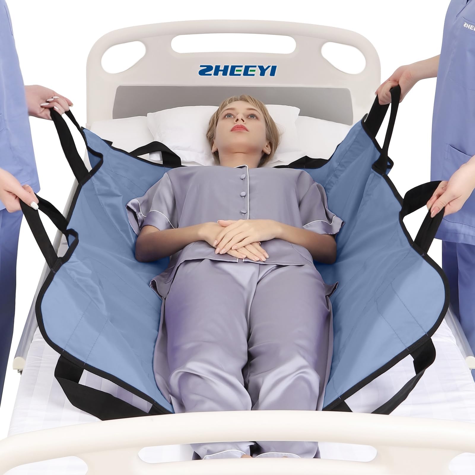 Positioning Bed Pad with Reinforced Handles 43" x 36" Patient Transfer Sheet Aid Assistant for Body Lifting, Turning, Repositioning, for Elderly, Incontinence, Caregiver, Blue Gray