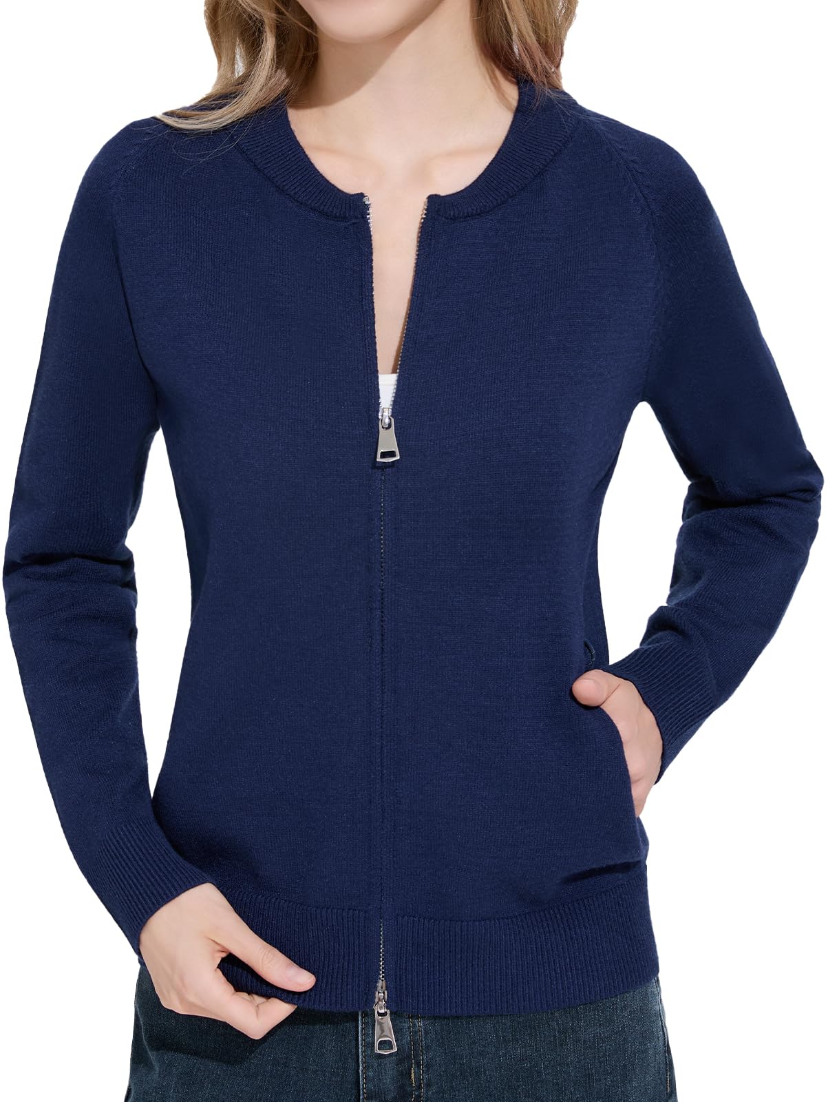 Strickjacke Damen Gestrickt Kurz Cardigan Mit Doppelreißverschluss Taschen | Langarm Strickweste Elegant Rundhals Strickjacken für Damen Leichte Dünne Jacke,Ideal für Den Alltag im Frühling und Sommer