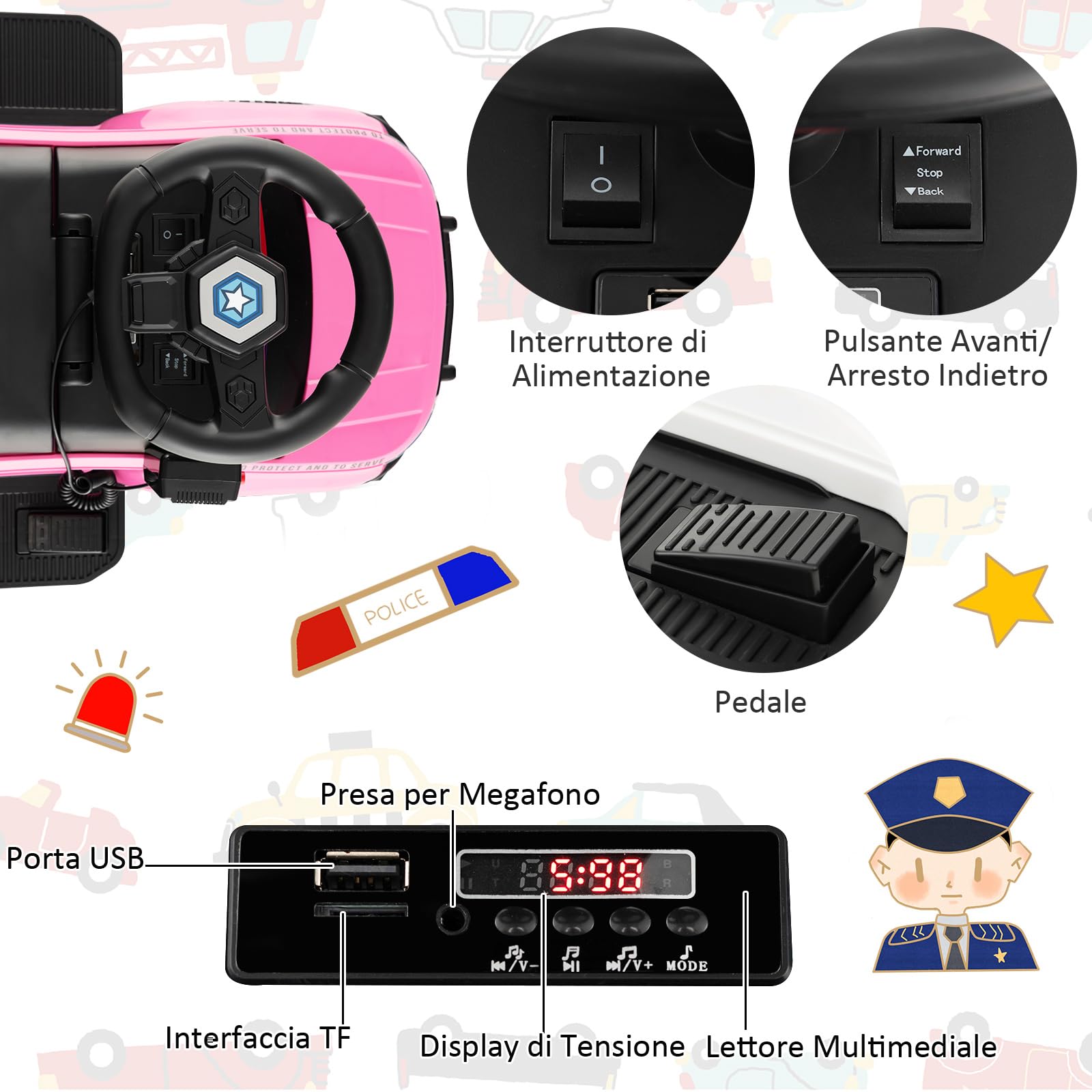 COSTWAY Auto Elettrica per Bambini, Auto della Polizia Giocattolo con Clacson Luce di Avvertimento e Suono della Sirena, Velocità 3 km/h, per Bambini 18-60 Mesi (Rosa)
