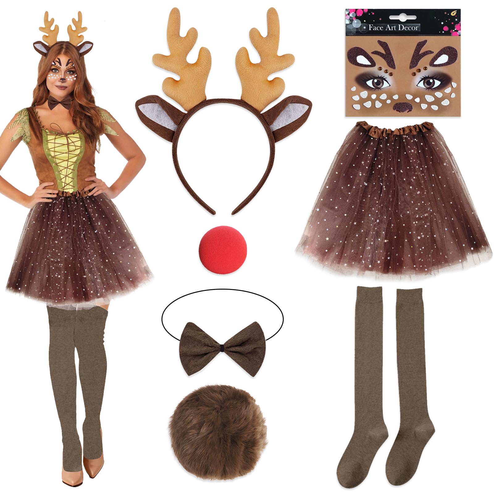 Aurblyn 7PCS Reindeer Costume Reindeer Fancy Dress Christmas Headbands for Adults Reindeers Antlers Headband Christmas Headband Christma Headbands for Women Reindeers Costume Adult
