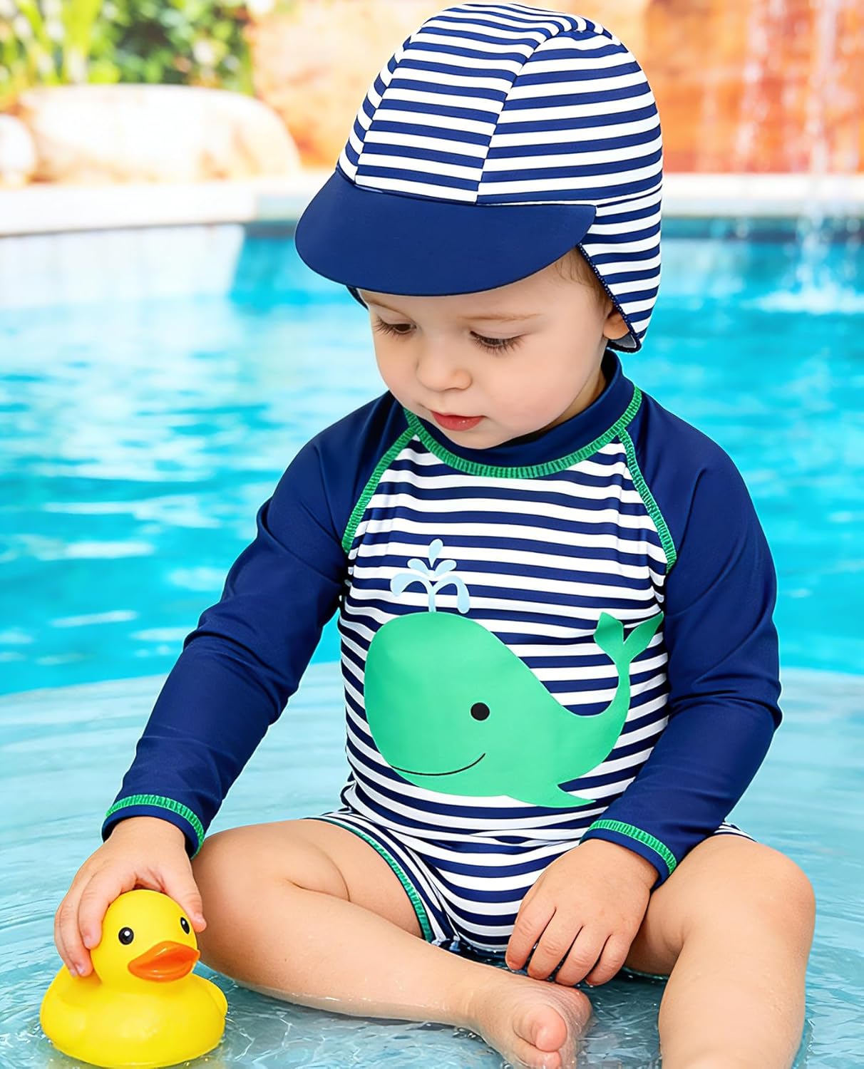 uideazone Baby Boys One Piece Swimsuit Long Sleeve UPF 50+ Rash Guard Bathing Suit Swimwear with Sun Hat 3-24 Months - Image 4