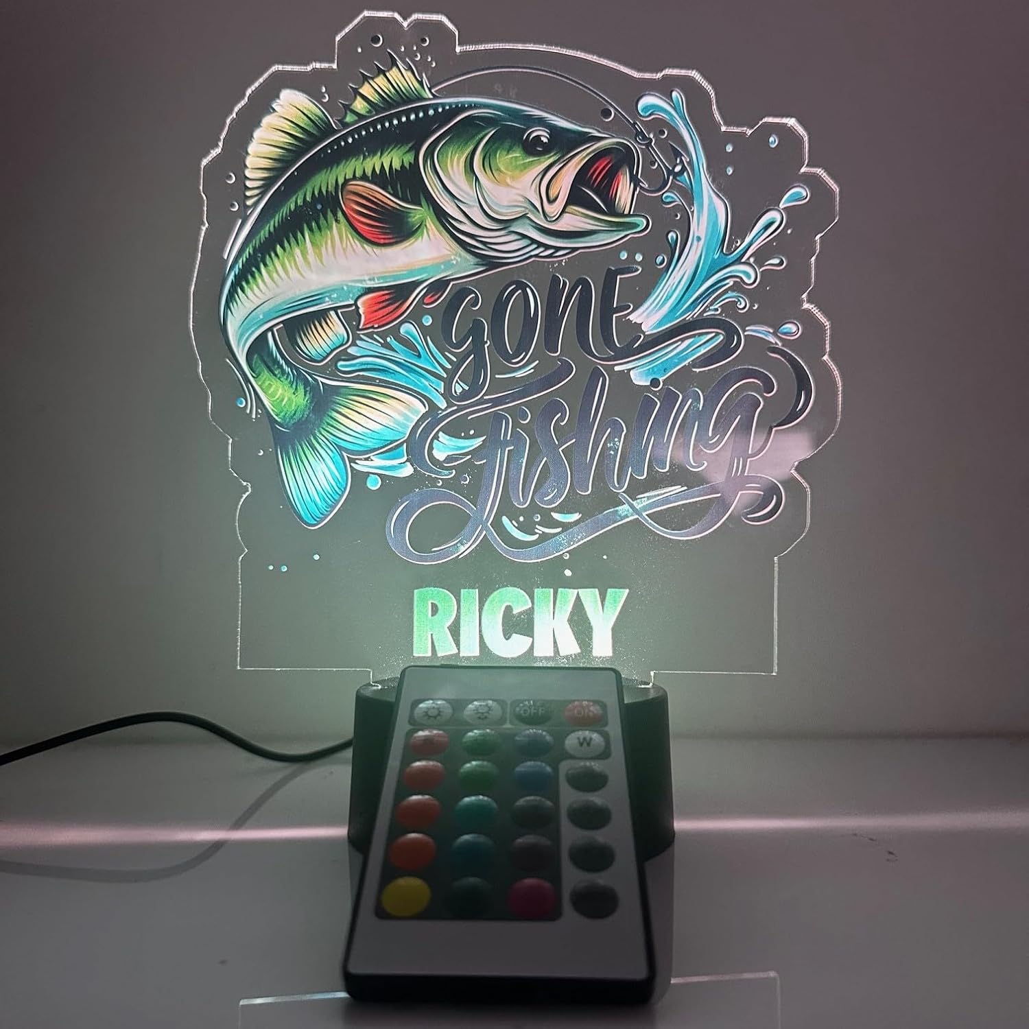 Gone Fishing Bass Fish Fisherman Night Light Table Lamp 16 Color Changing LED Custom Gift for Dad Brother Friend Man Cave Room Decor Holiday Christmas Birthday Present, Personalized FREE - Made in USA