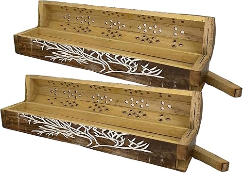 Vista 61 de Paquete de 2 quemadores de incienso de madera tipo ataúd - Incrustaciones de latón de 12 pulgadas - Compartimento de almacenamiento (Buddha)