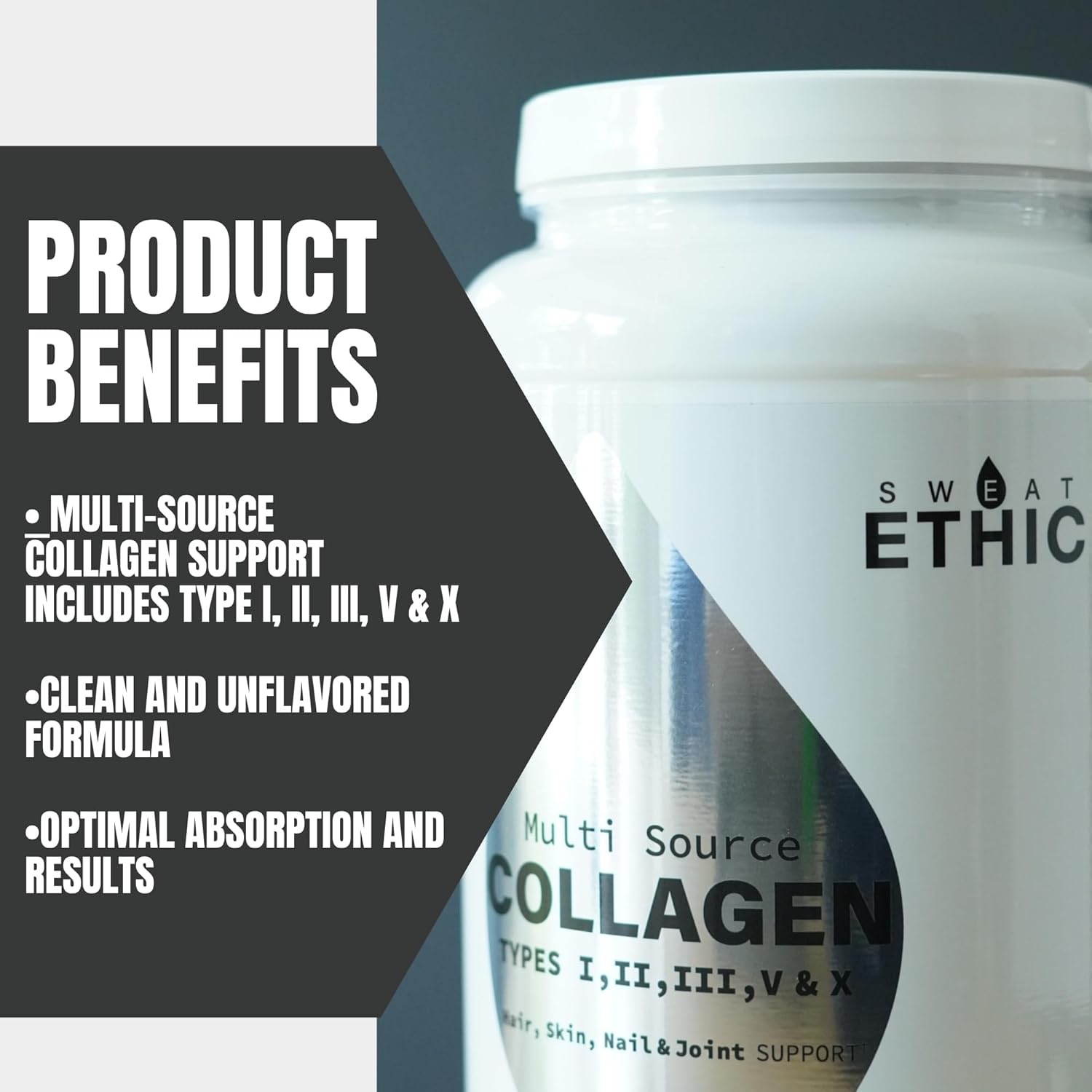 Sweat Ethic Multi Source Collagen, Unflavored Collagen Peptides Powder, Hydrolyzed Collagen Protein with 5 Types from Natural Sources, 60 Calories, Gluten Free, Non GMO, 50 Servings