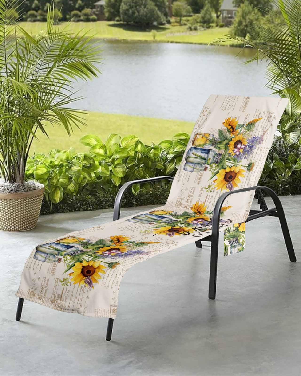 Sunflower Beach Chair Towel Covers for Chaise Lounge With Side Pocket, Soft Plush Pool Towels Cover for Patio Sunbathing Outdoor Retro Spring Blossom Floral Summer Off-White 29''x85''