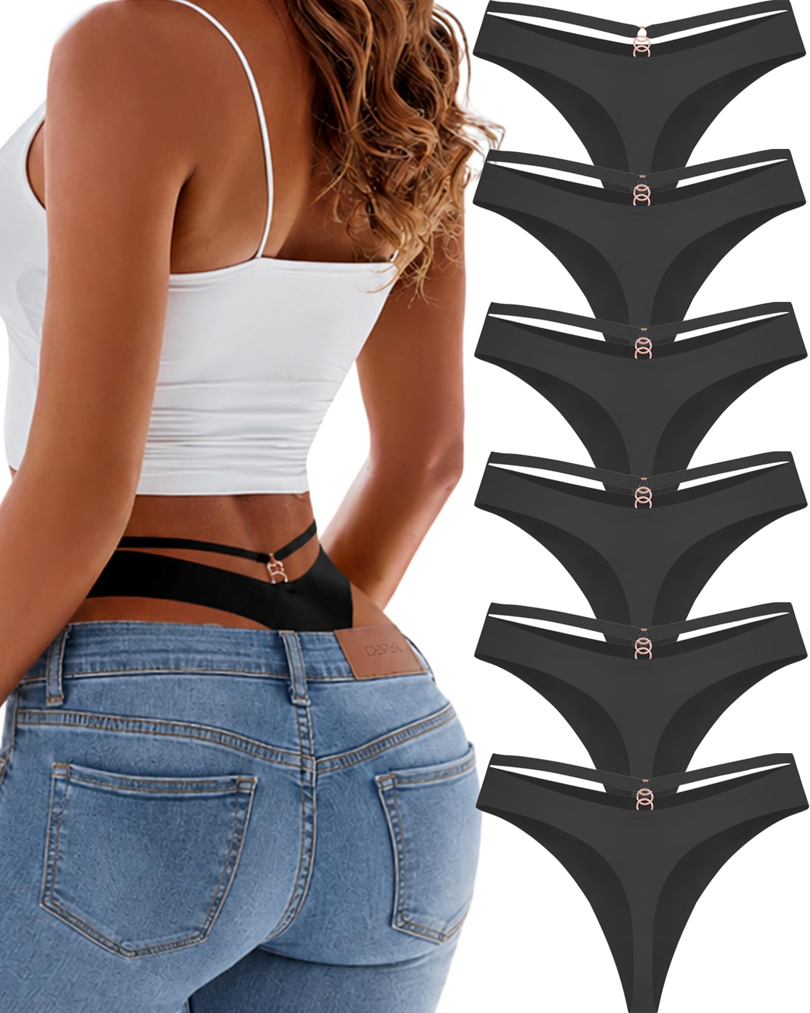 READY TO LOVE Paquete de 6 tangas sin costuras para mujer, transpirables, invisibles, ahuecadas, sexis