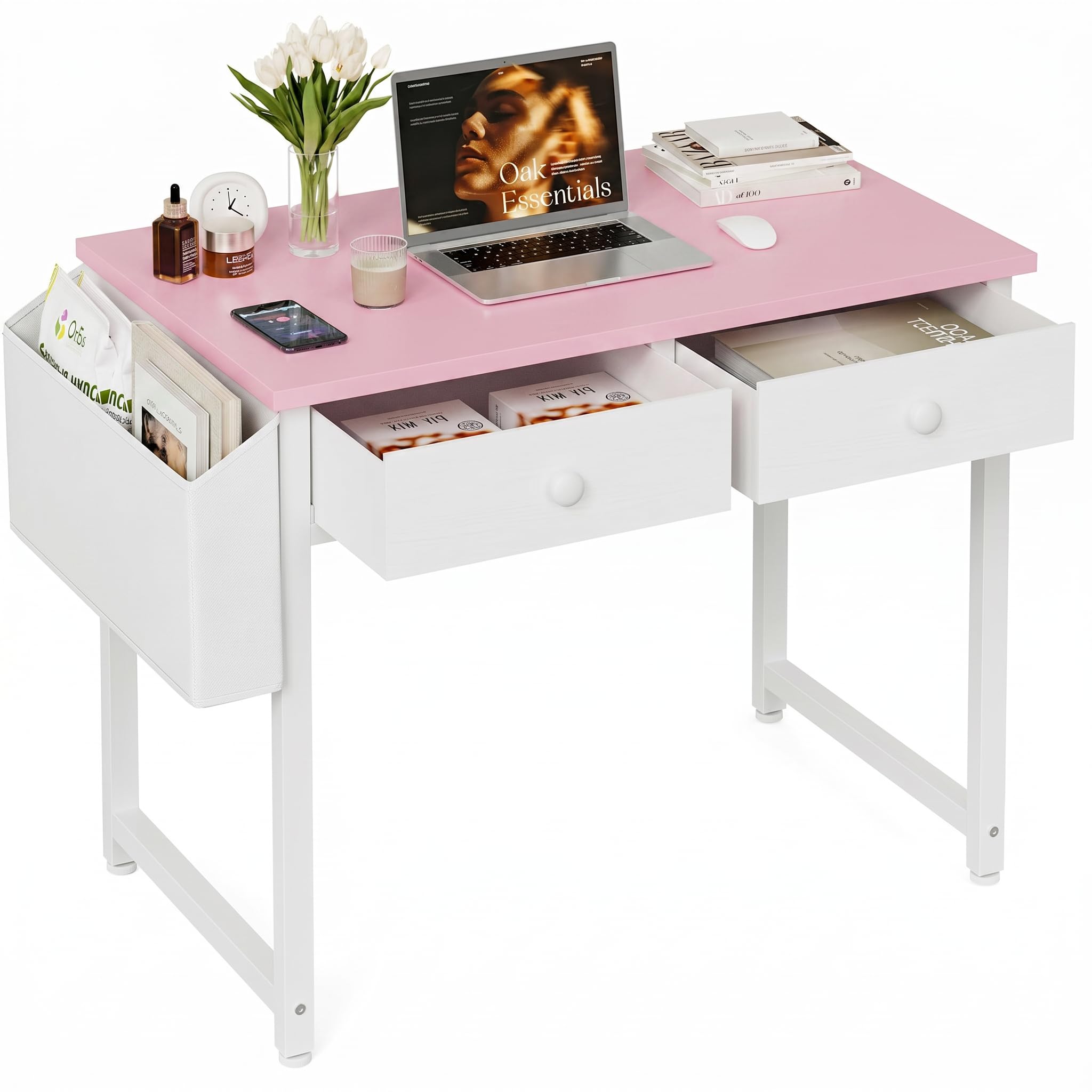Grandder Small Computer Desk with 2 Fabric Drawers, 80 x 40 cm Home Office Desk with Storage Bags and Drawers, Study Writing Gaming Table for Small Spaces, Pink