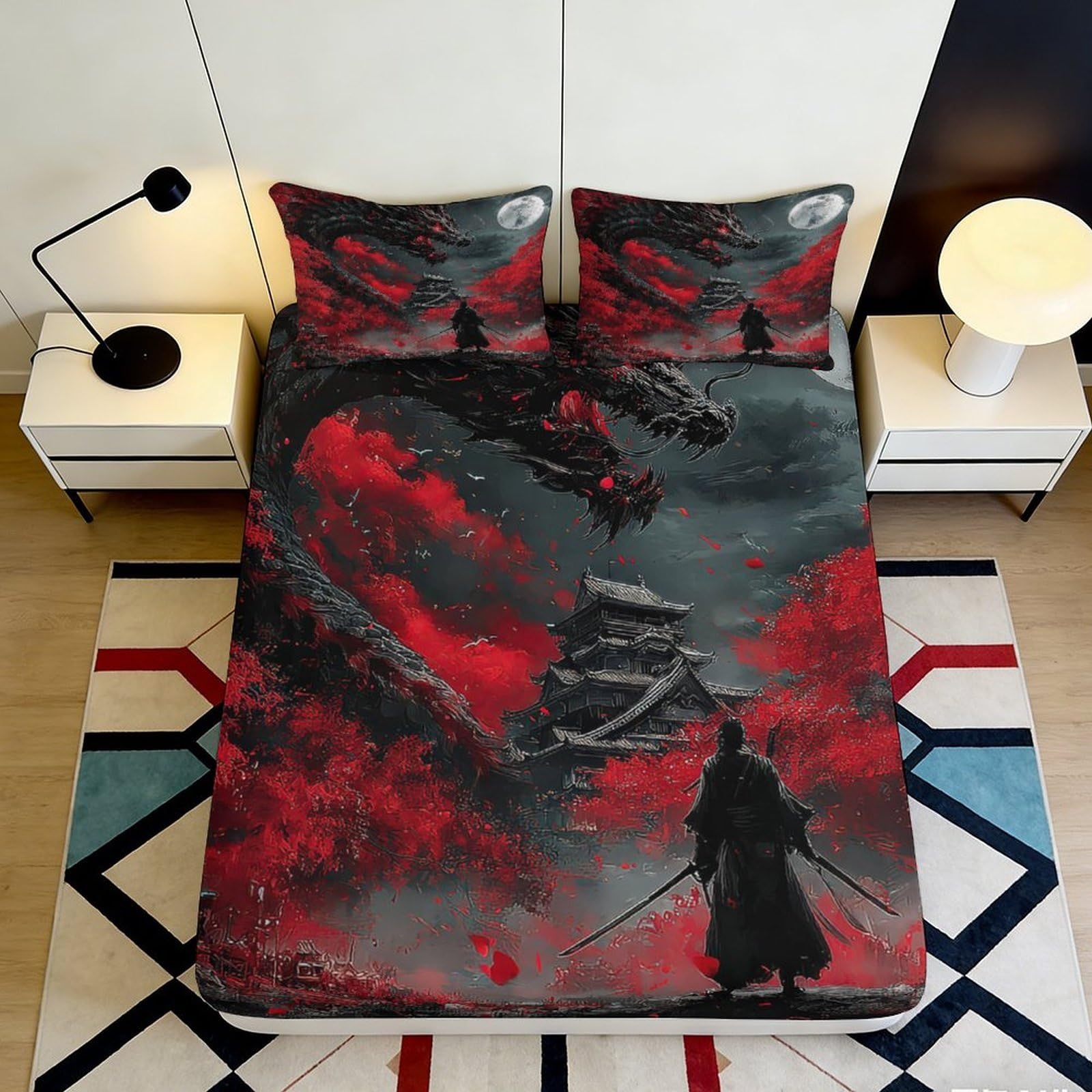 Jqzkxnhpbr Style-10 3D Printed Red Samurai Dragon Fitted Sheet Microfiber Soft Black Asian Art Bed Cover For Bedroom Dorm Mattress Protection Decor 90X200x25cm