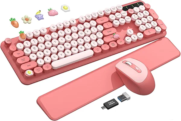 Wireless Keyboard and Mouse Combo, Blush Pink for Aesthetic Desk, Magnetic Wrist Rest, Full-Size Retro Typewriter Keyboard with Round Keycaps, Sleep Mode, 2.4GHz Cordless for Mac/Windows/PC, Trueque