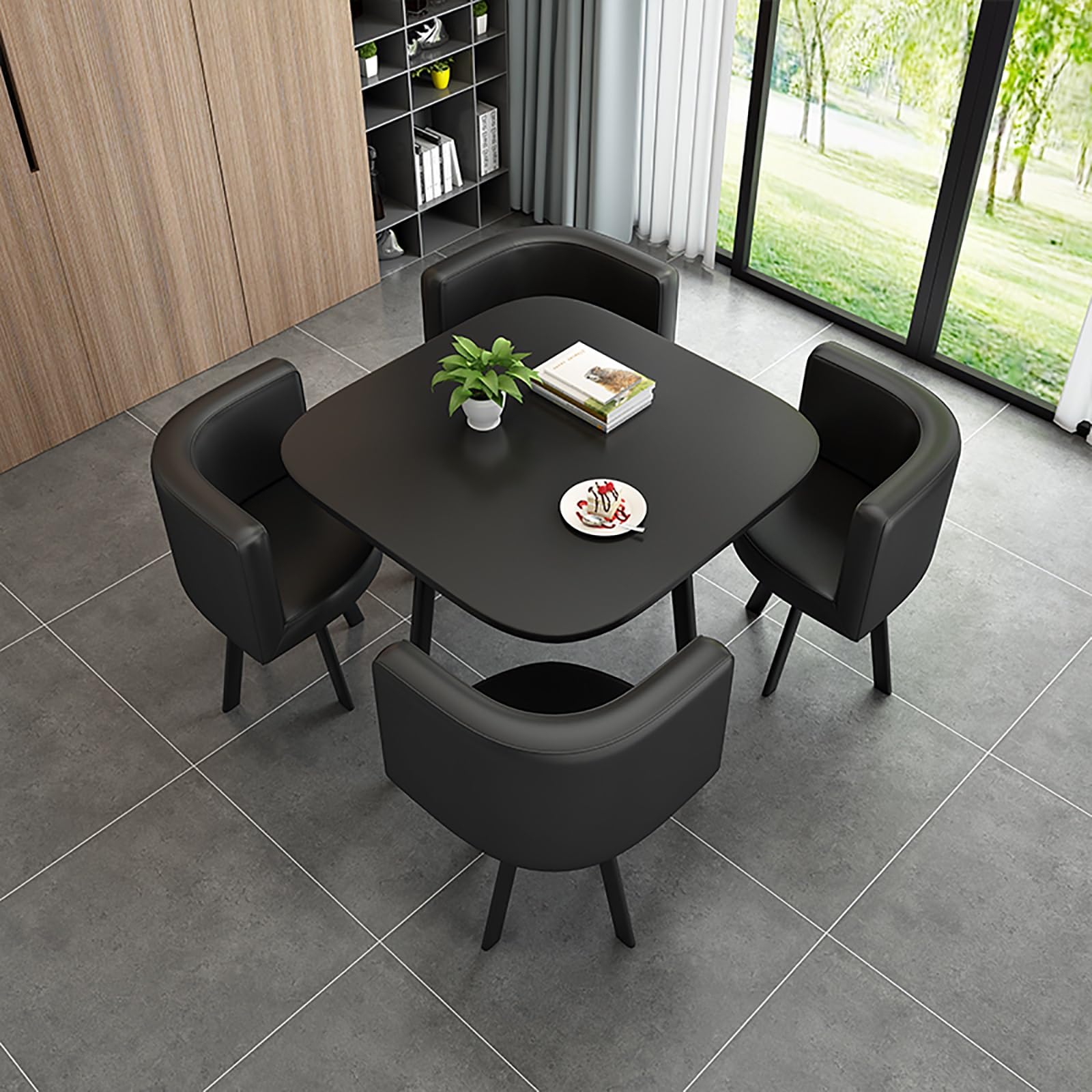Round Dining Table Set for 4 with Marble Top and Chairs Office Reception Desk and Chair Set Suitable for Lounge Living Room Modern Furniture Dining Set,Black 1-Square-Leather