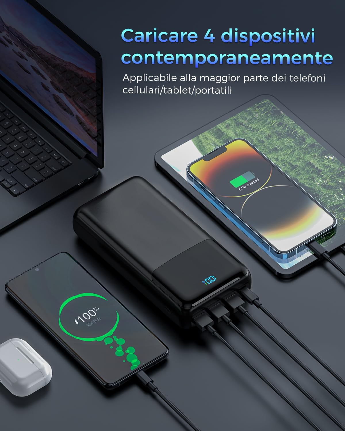 Power Bank 60000mah Caricatore Portatile | PD3.0 QC3.0 Ricarica Rapida, Ingresso e Uscita USB-C, 4 Uscite e 2 Ingressi, Batteria Esterna per iPhone e Altro