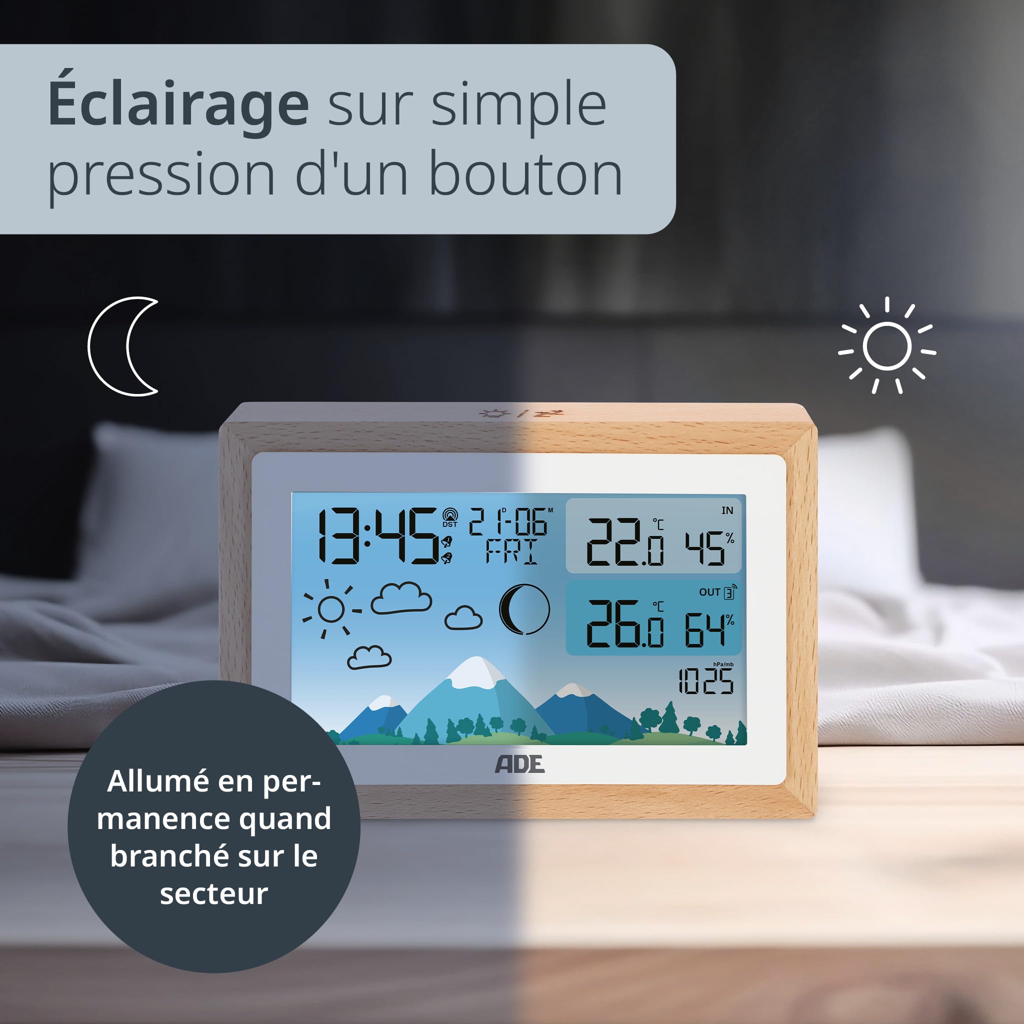 ADE Station météo radiocontrolé avec thermometre interieur | température et humidité intérieure et extérieure avec prévisions météo | Hygromètre et baromètre | réveil avec 2 heures de réveil