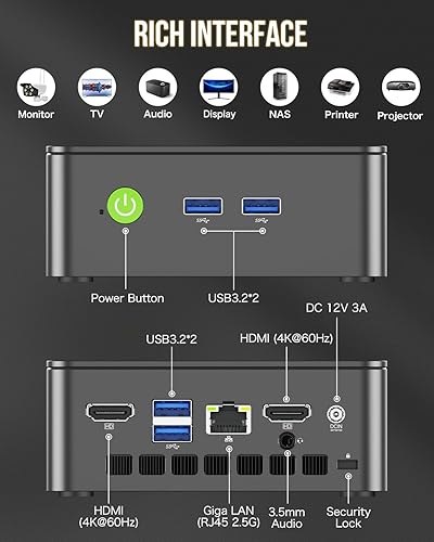 Vista 14 de GMKtec Mini PC Intel N97 (hasta 3.60 GHz) Micro computadora de escritorio 12 GB DDR5 512 GB SSD para negocios, escuela, oficina, mini PC de bolsillo