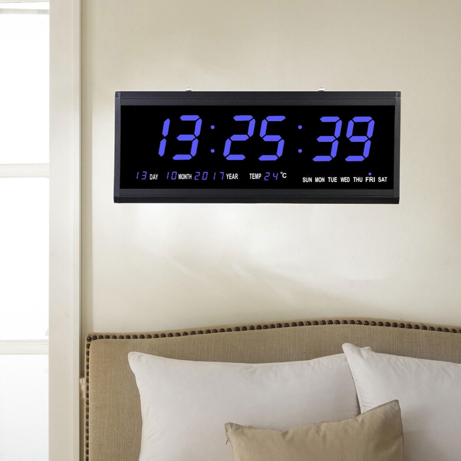 Horloge Murale Numérique LED 48 cm avec Affichage de la Température, Horloge Murale, Horloge Numérique, Affichage Chiffre, Horloge de Table, pour Chambre, Bureau, Prise Européenne (Bleu)