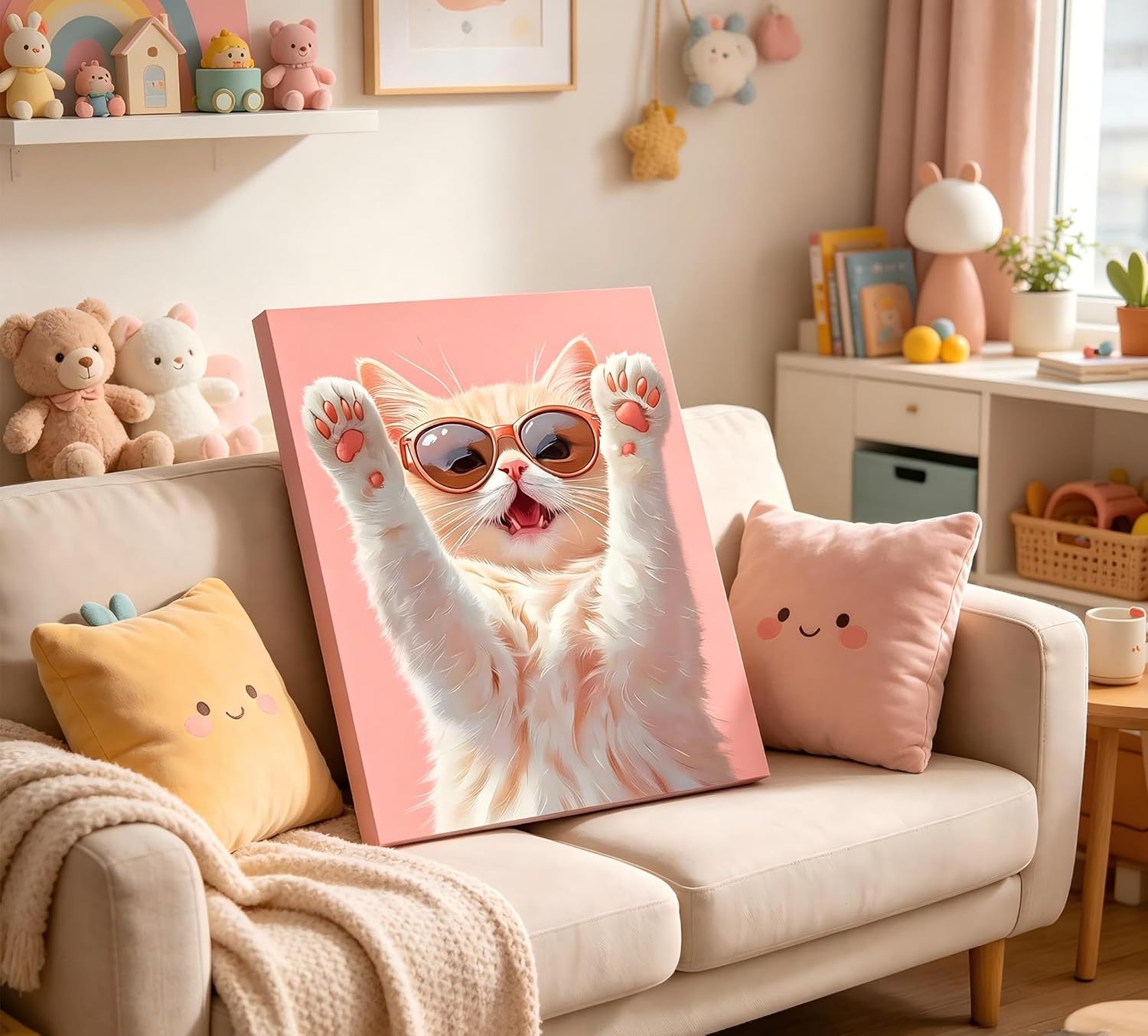 Funny Cat Canvas Wall Art Pink Girls Room Wall Decor Picture Cute Cat Poster Prints for Bedroom Living Room Kitchen Bathroom Home Decoration 16x24in image 4