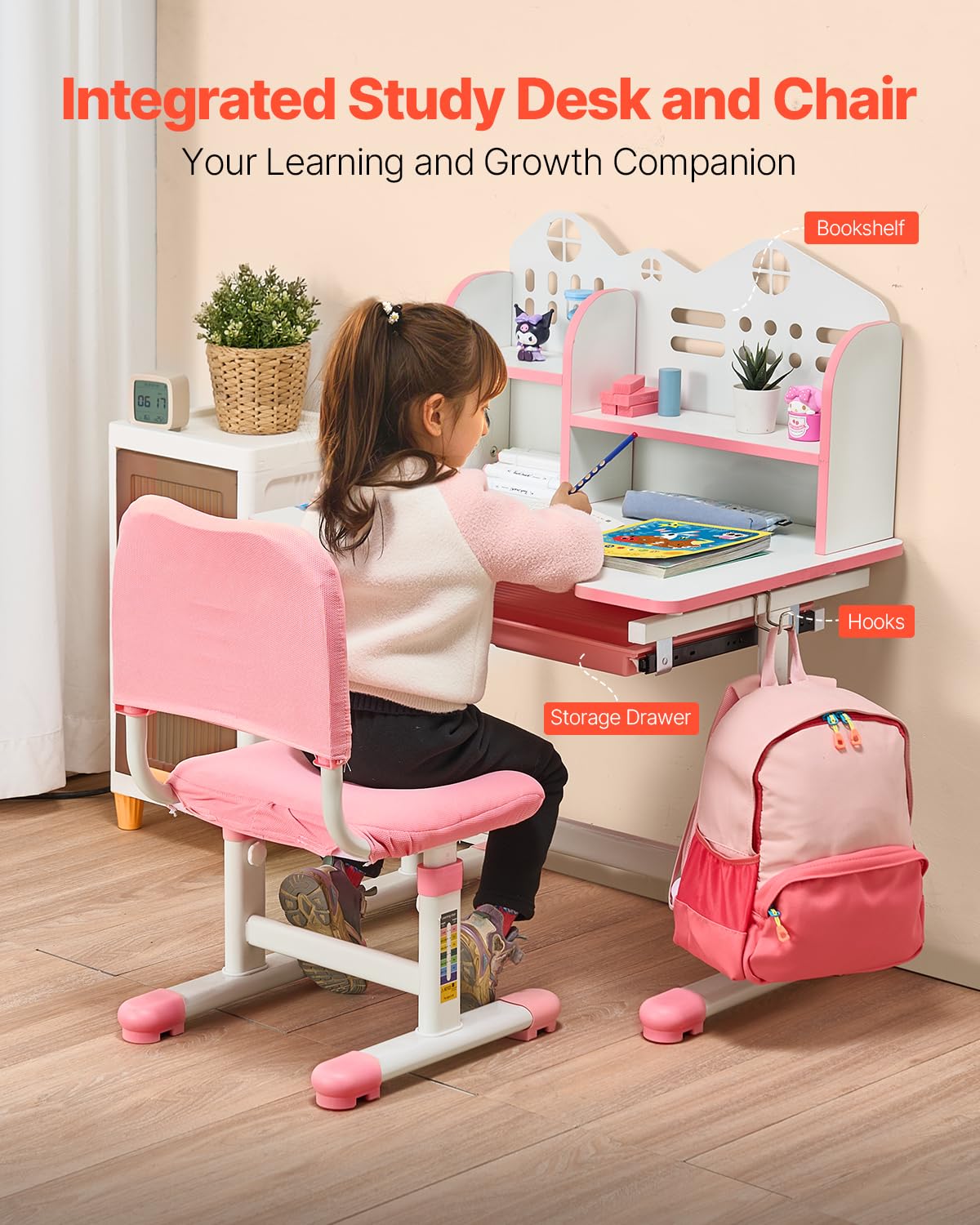 VEVOR Set Scrivania e Sedia per Bambini, Capacità di Carico di 100 kg Tavolo da Lavoro e Sedia per Bambini con Libreria e Cassetto, Regolabile in Altezza, per Camera da Letto e Studio, Rosa