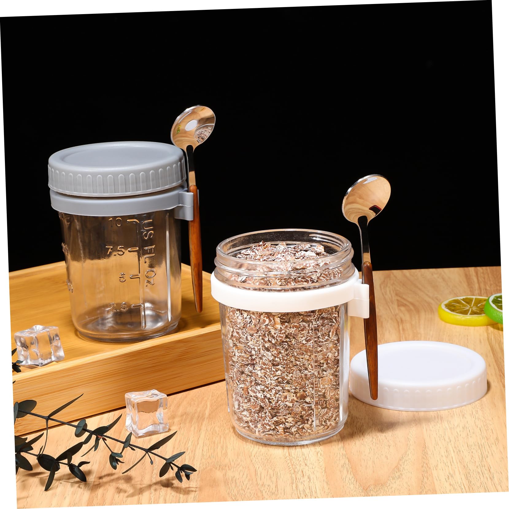 BESTOYARD 4 Stück Overnight Oats Behälter aus Glas 400ml Auslaufsicher mit Deckel und Löffeln für Küche und Wohnheim Vorratsdose Glas mit Holzdeckel