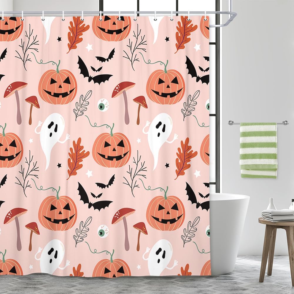 JAWO Halloween Theme Shower Curtain, Pink Cute Ghost Pumpkin Funny Mushroom Pattern Bathroom Curtains Waterproof Polyester Fabric Cloth Bath Curtain Sets 12 Hooks