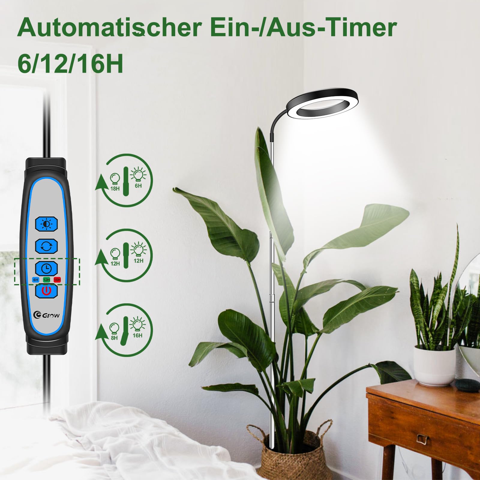 wolezek Pflanzenlampe LED Vollspektrum, 80 LEDs 6500K Grow Light, 160cm Großes Grow Lampe, 3 Farben Pflanzenlicht mit 360° Schwanenhals, 6/12/16H Timer, 5 Helligkeit, Höhenverstellbar, Schwarz