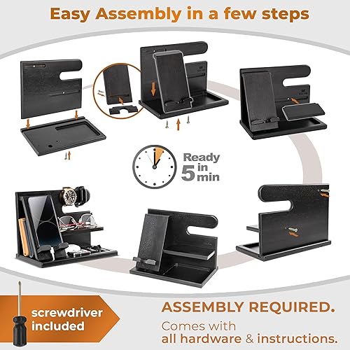 Miniatura 6 de TESLYAR Estación de acoplamiento de teléfono de madera para hombres, organizador de escritorio o mesita de noche, regalos de cumpleaños para