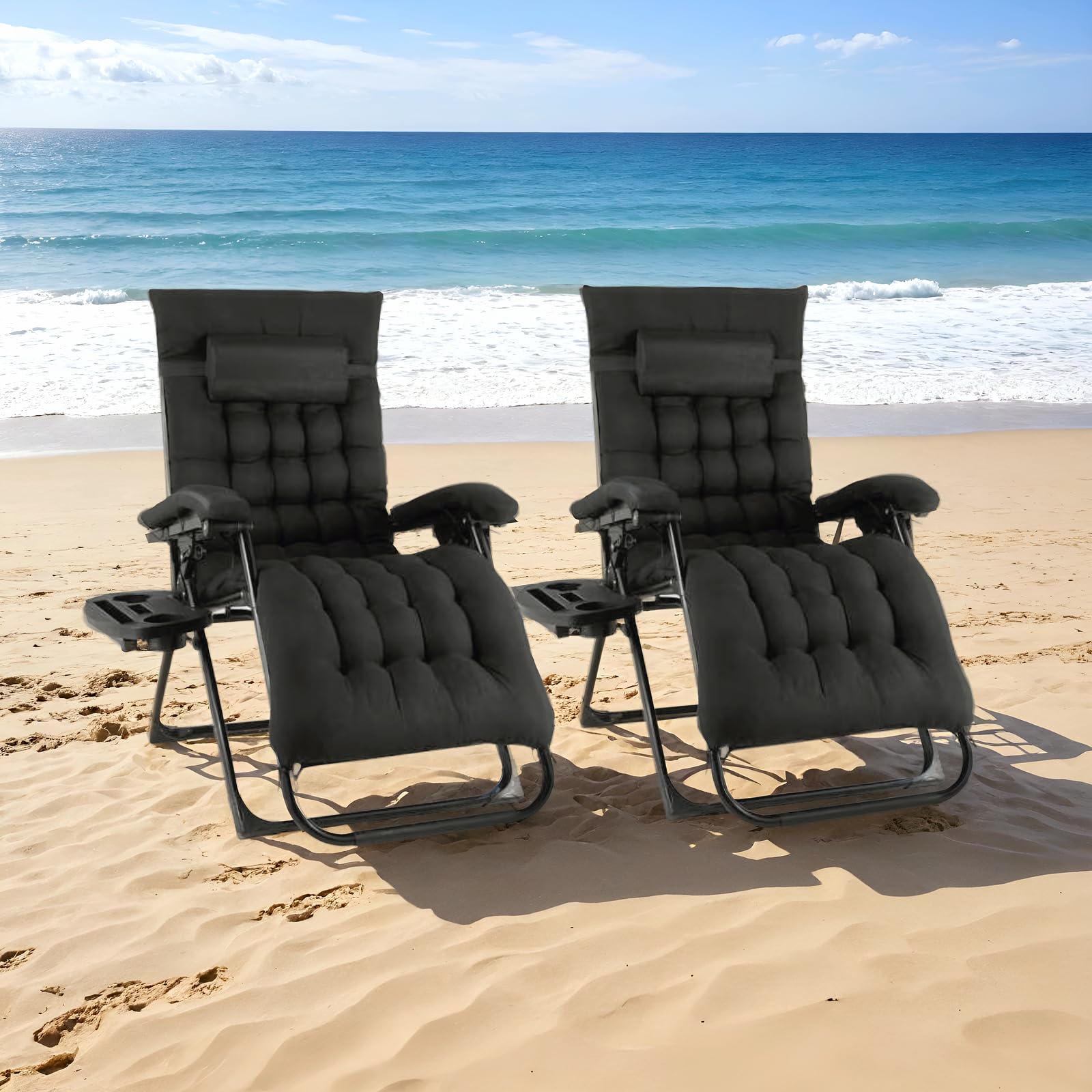 TLGREEN Lot de 2 transats Jardin extérieur Pliables, Bain de Soleil avec Coussin, Fauteuil élargie, Dossier réglable, Porte-gobelet, Charge Max 160 kg, pour Jardin,terrasse, Piscine (Noir)