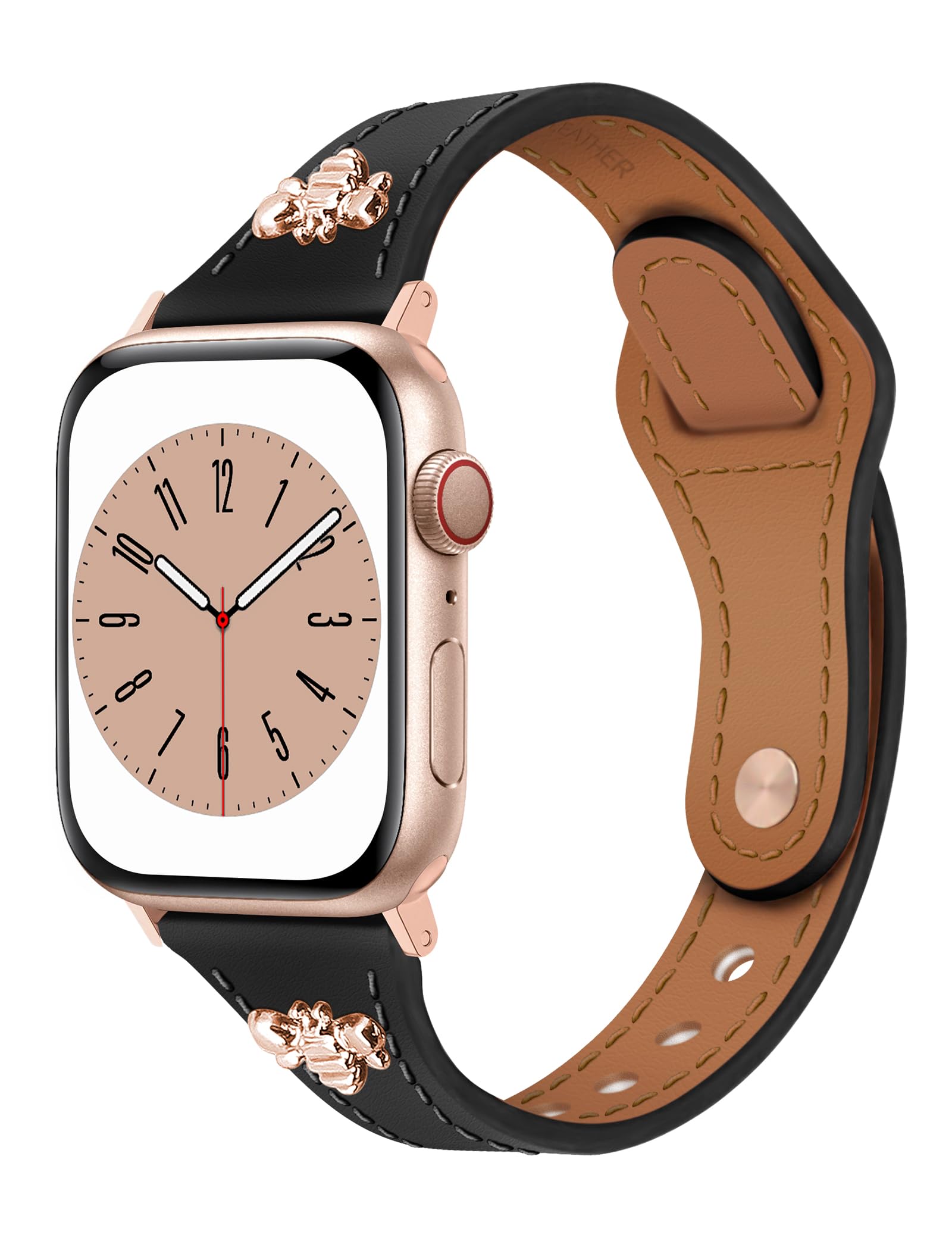 Newlibery Slim Leather Bands with Charms Women Compatible with Apple Watch Band 38mm 40mm 41mm Top Genuine Leather Strap New Buckle Thin Wristband for iWatch Series 9/8/7/6/5/4/3/2/1/SE/Ultra